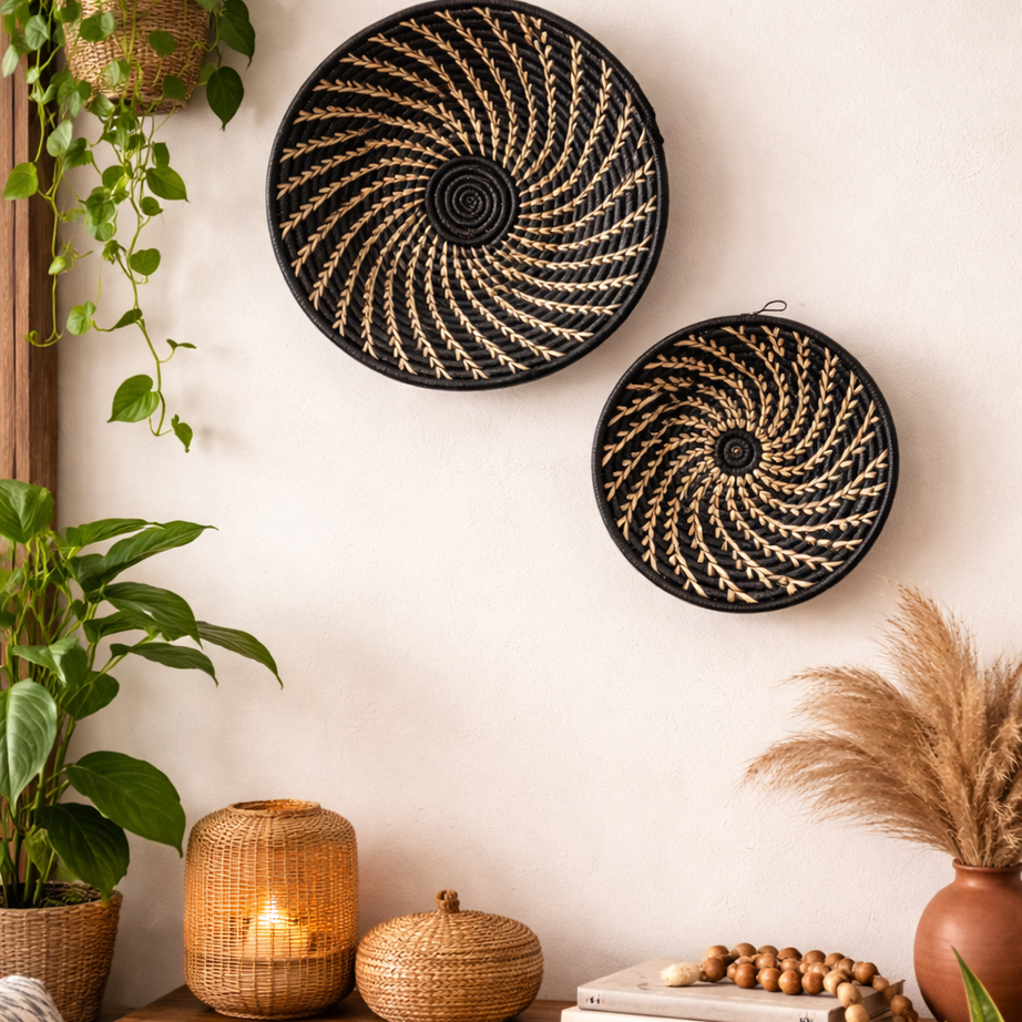Black White Woven African Wall Storage Baskets Set of 2