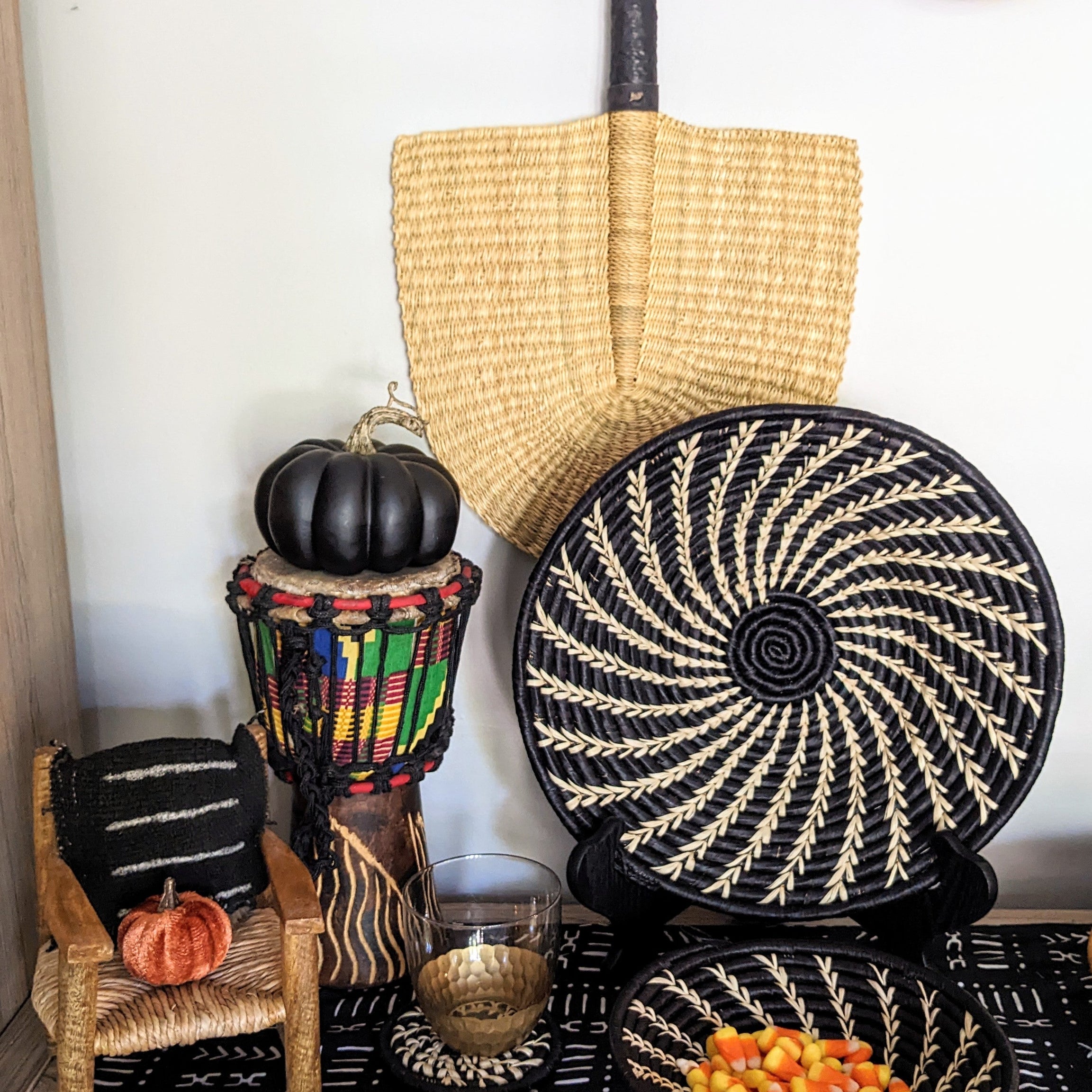 Black White Woven African Wall Storage Baskets Set of 2