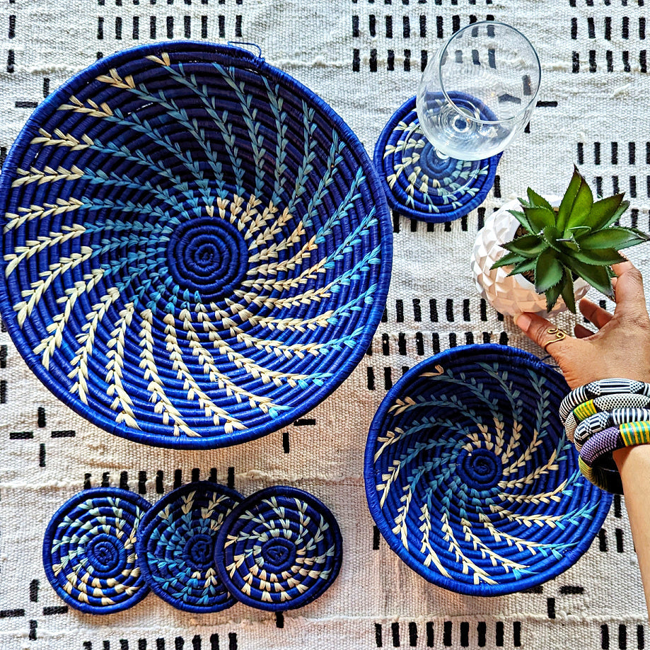 Large Blue White Woven African Basket