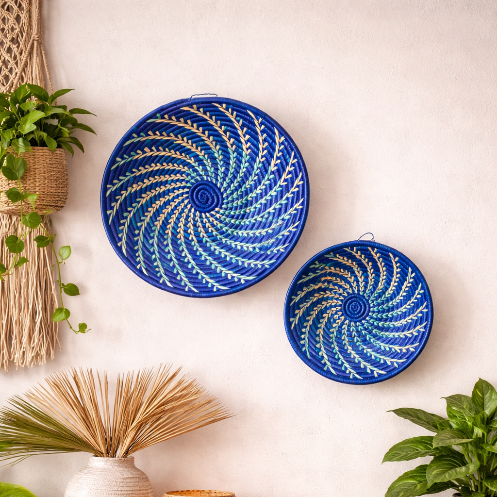 Blue White Woven African Wall Storage Baskets Set of 2 Reflektion Design