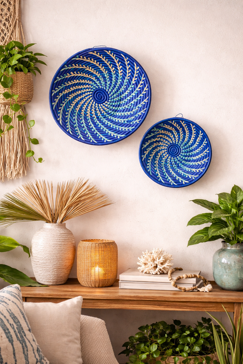 Blue White Woven African Wall Storage Baskets Set of 2 Reflektion Design