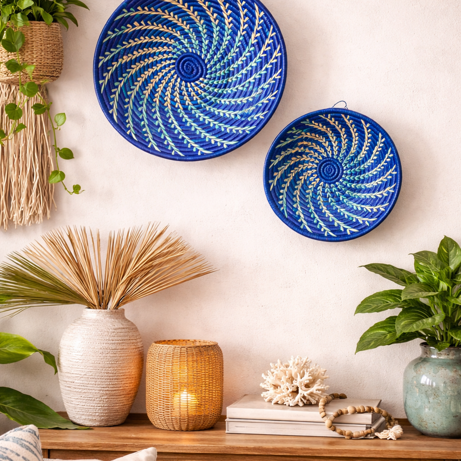 Large Blue White Woven African Basket