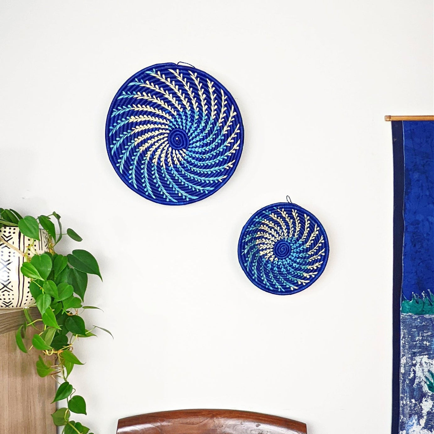 Large Blue White Woven African Basket