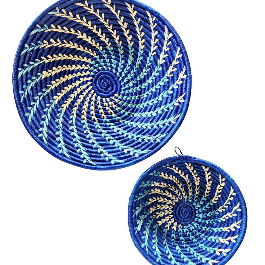 Blue White Woven African Wall Storage Baskets Set of 2