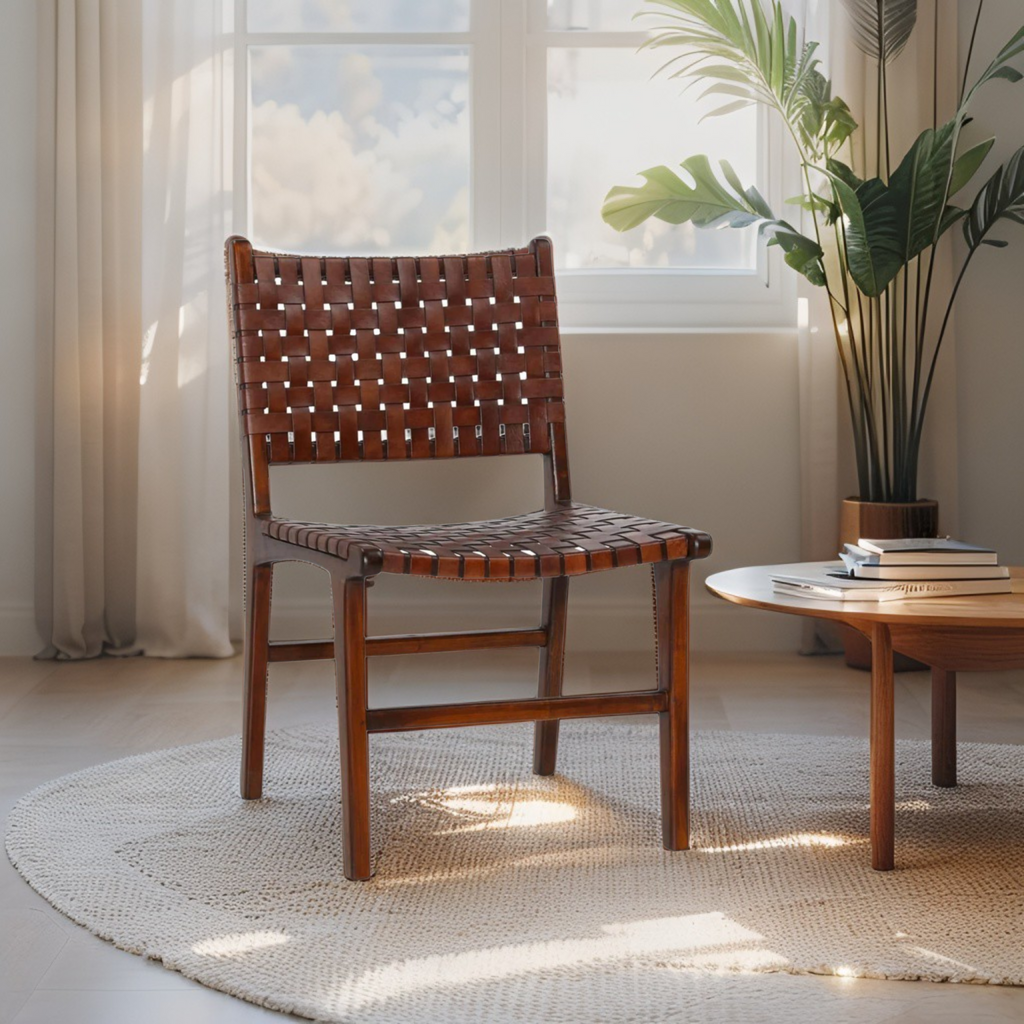 Ljus Leather Dining Chair Solid Wood Woven Seat Bright Room - LuxoraCraft