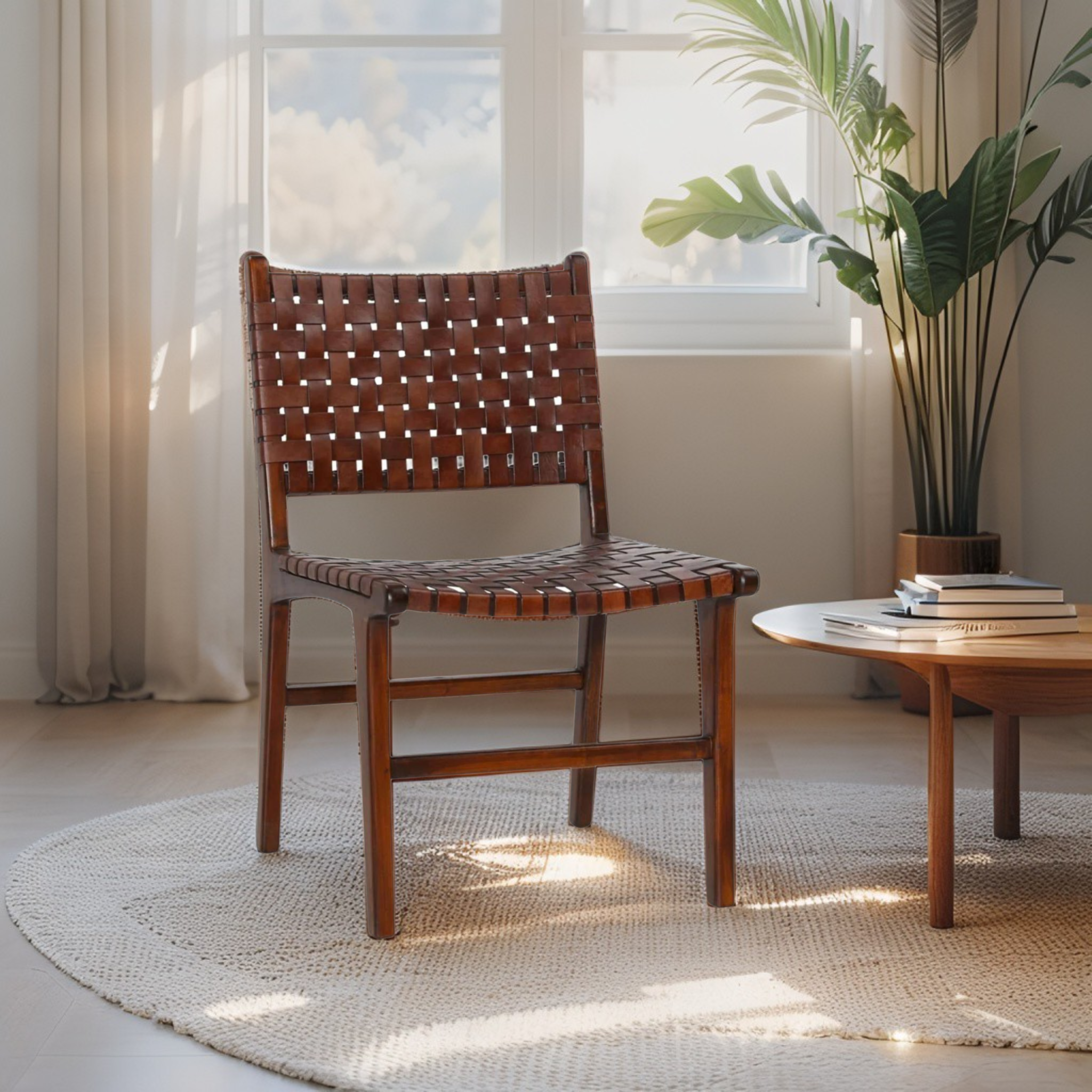 Wooden chair with woven seat in a bright room with a window and plant