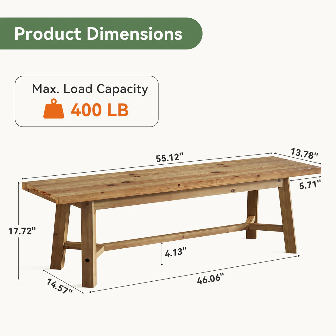 55-Inch Solid Wood Farmhouse Bench Detail View - LuxoraCraft
