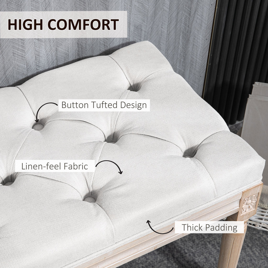 46-Inch Cream White Tufted Linen Bedroom Bench Angle View - LuxoraCraft