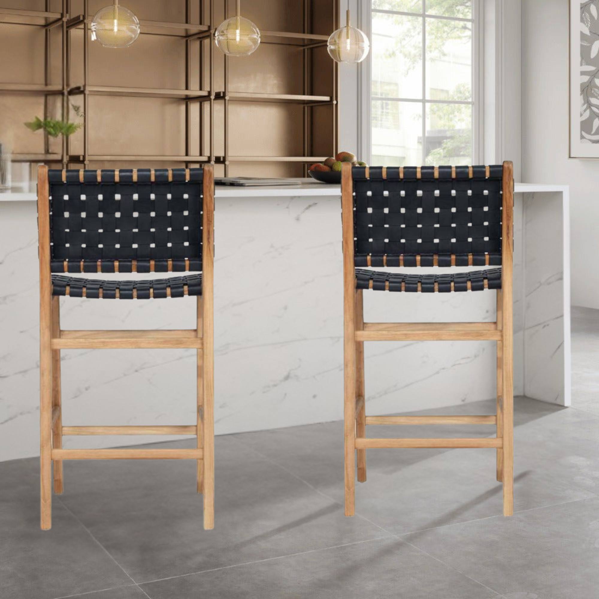 Black Leather Strap Counter Stool – Stylish & Durable Seating