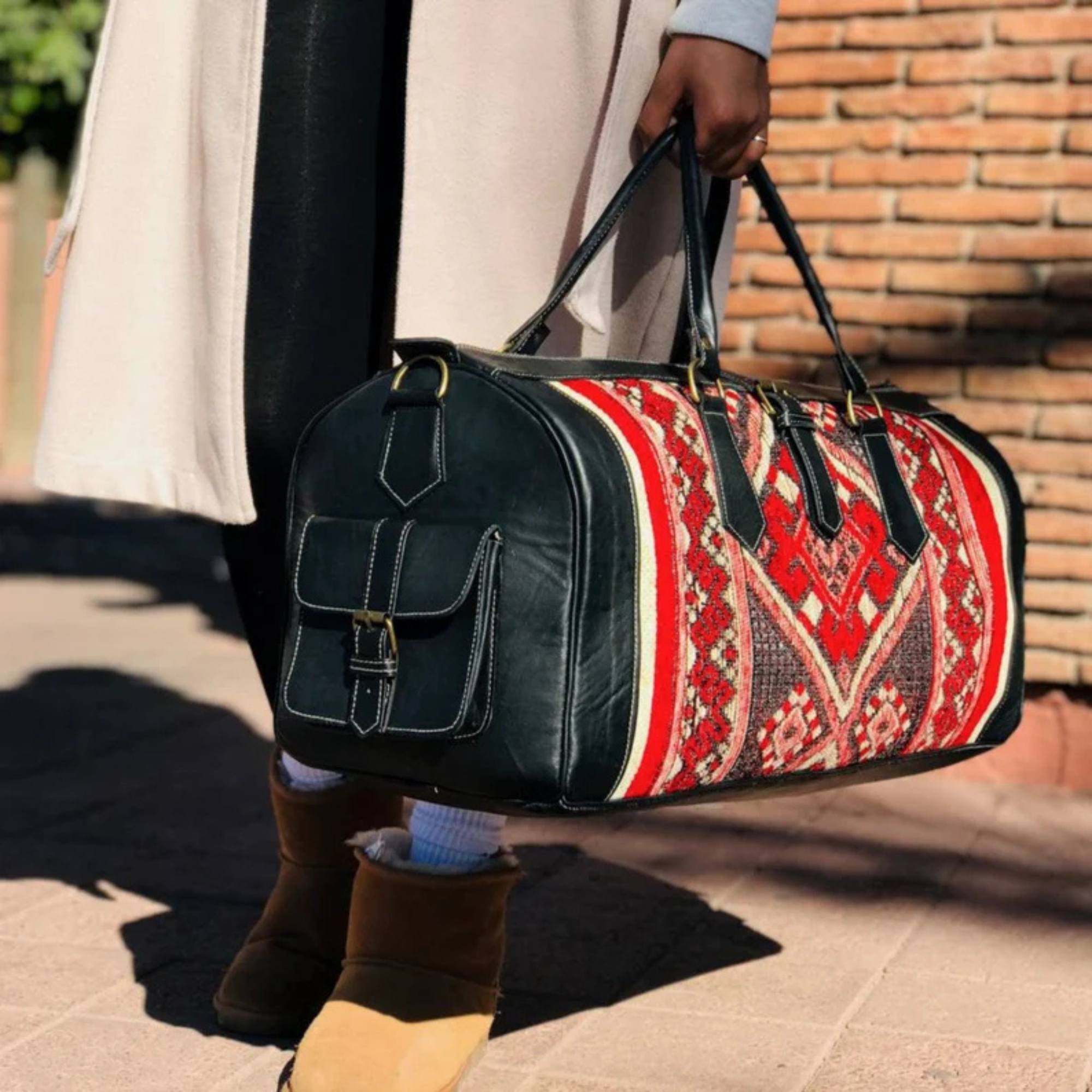 Black Leather Kilim Travel Duffel Bag Handcrafted Moroccan - LuxoraCraft