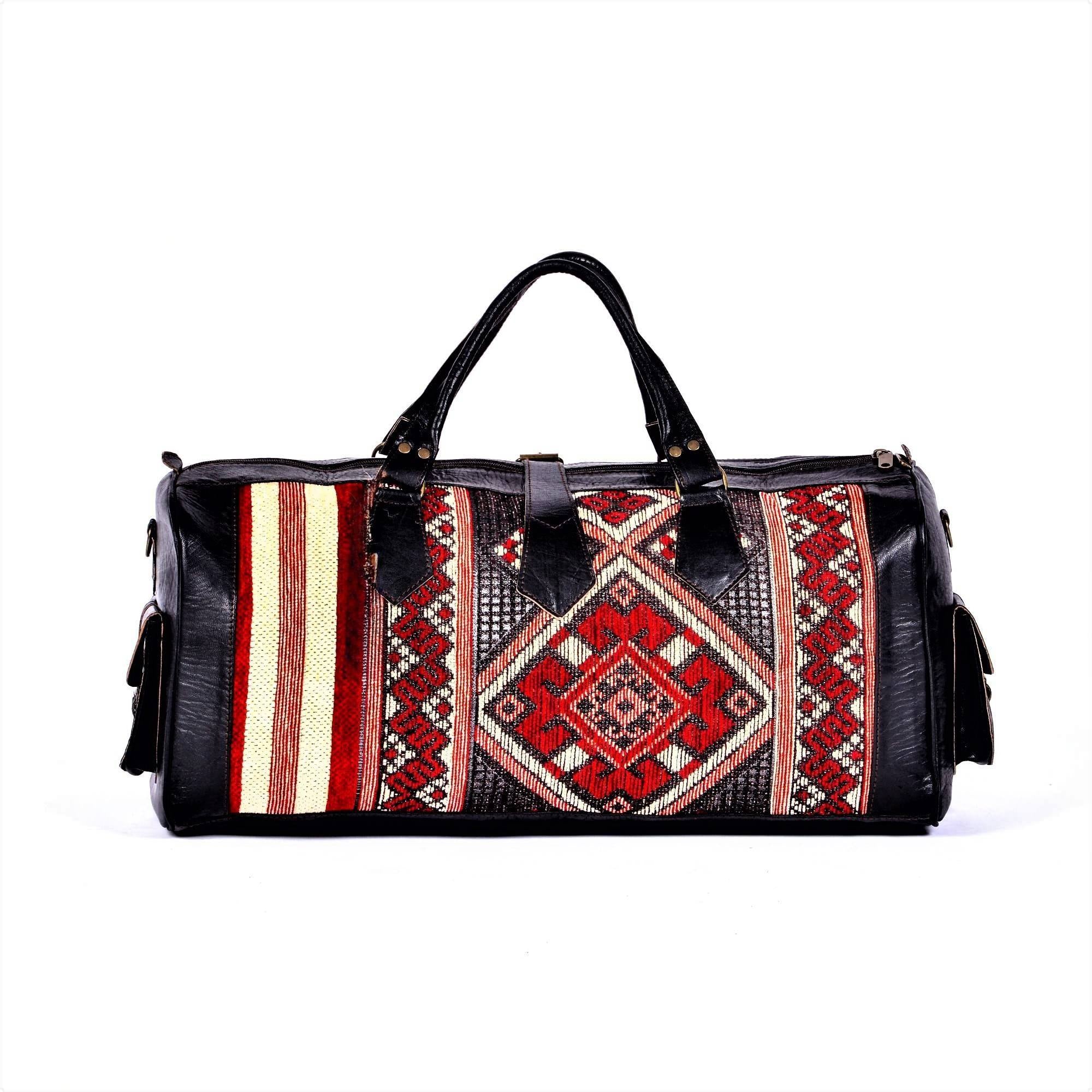 Black Handcrafted Leather Kilim Carry On Bag Marrakech - LuxoraCraft