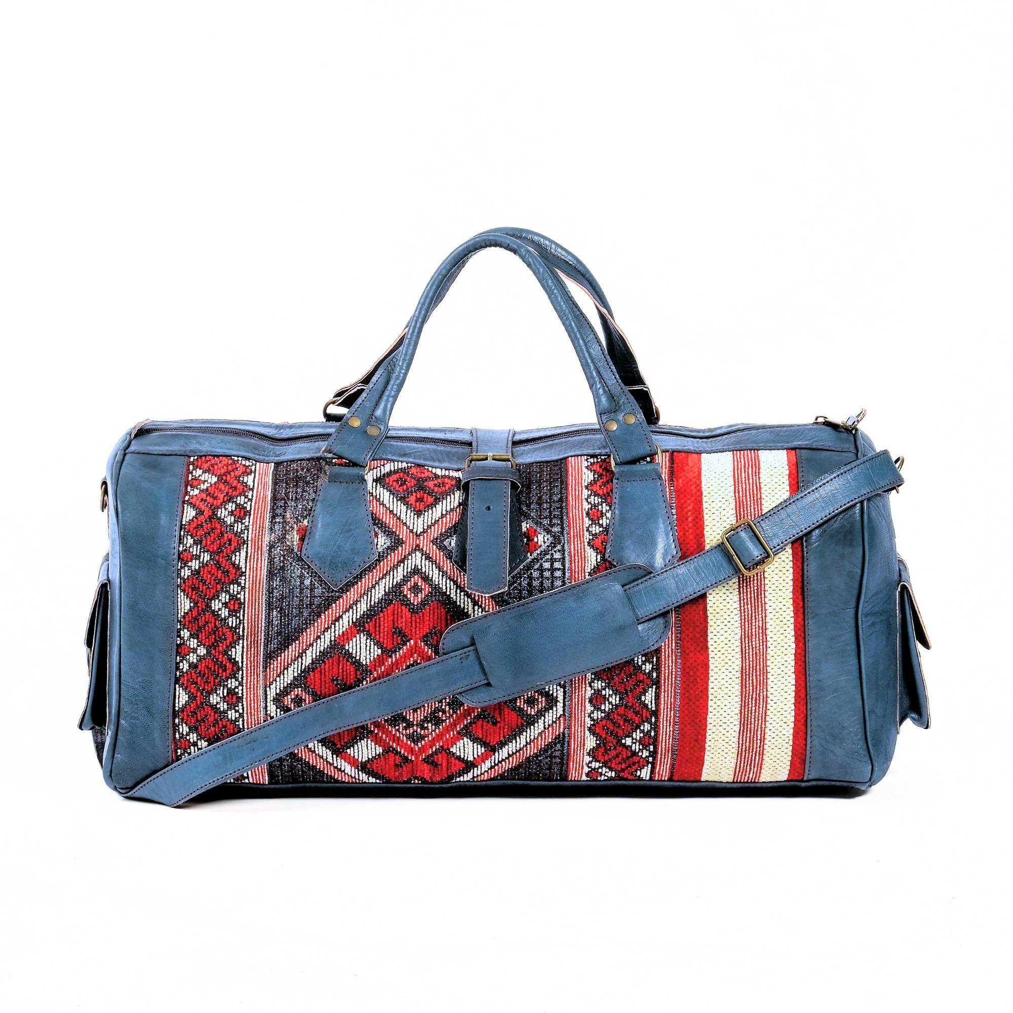 Blue Leather Kilim Travel Duffel Bag Handcrafted Moroccan - LuxoraCraft