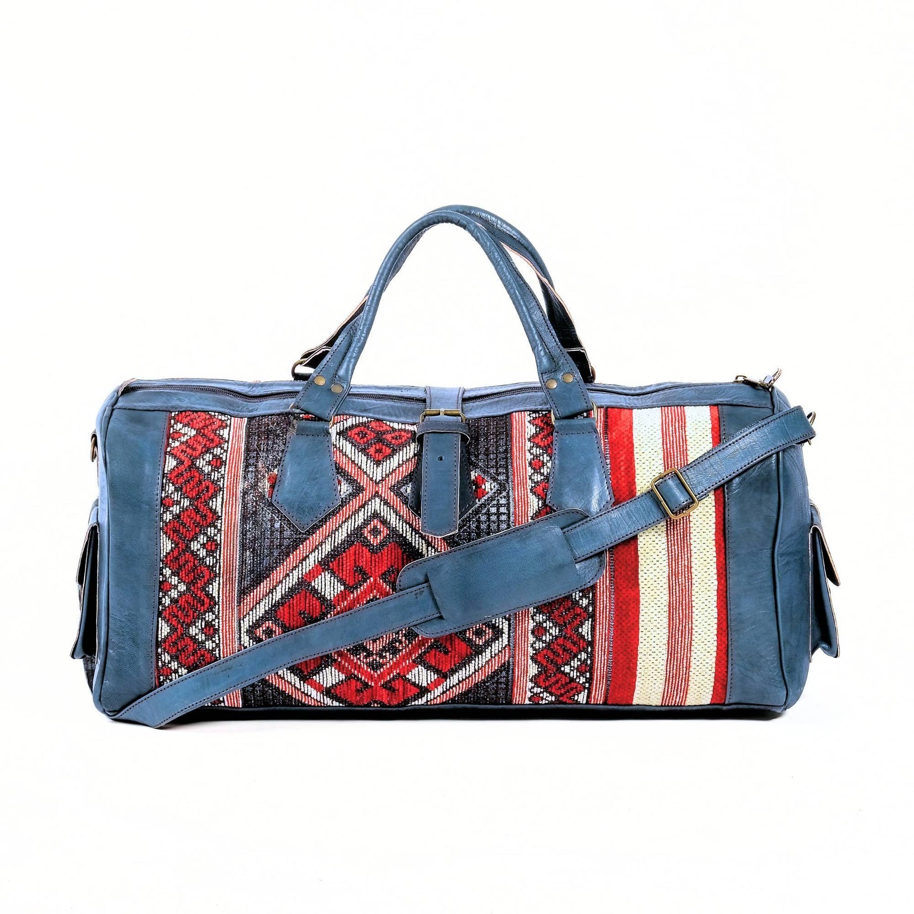 Blue Genuine Leather Kilim Carry On Bag Moroccan Craft - LuxoraCraft