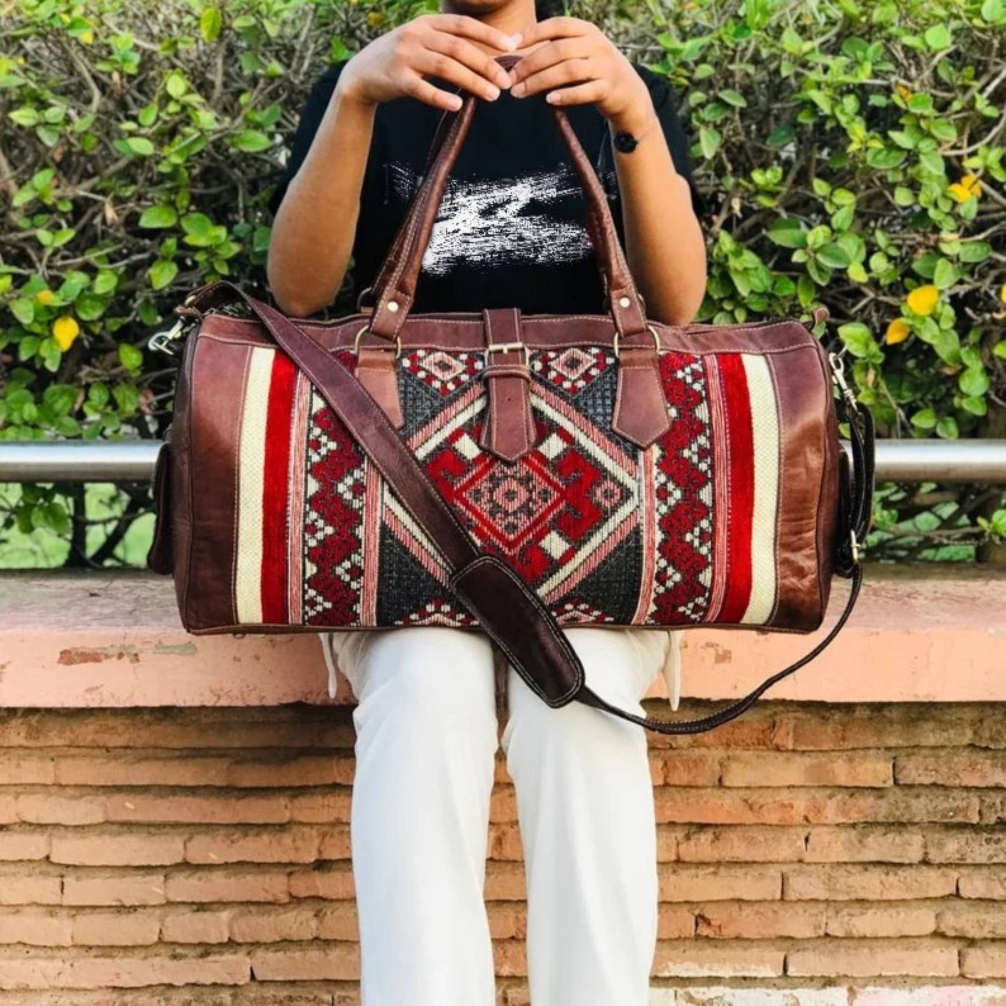 Dark Brown Leather Kilim Travel Duffel Bag Handcrafted Moroccan - LuxoraCraft