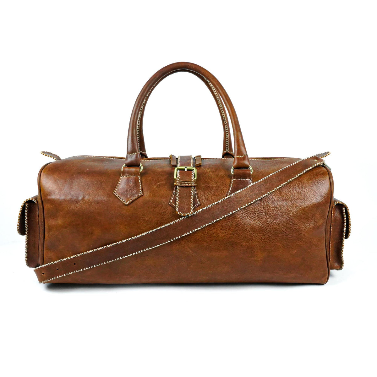 Brown Hand-Stitched Leather Travel Bag Front View Vintage - LuxoraCraft