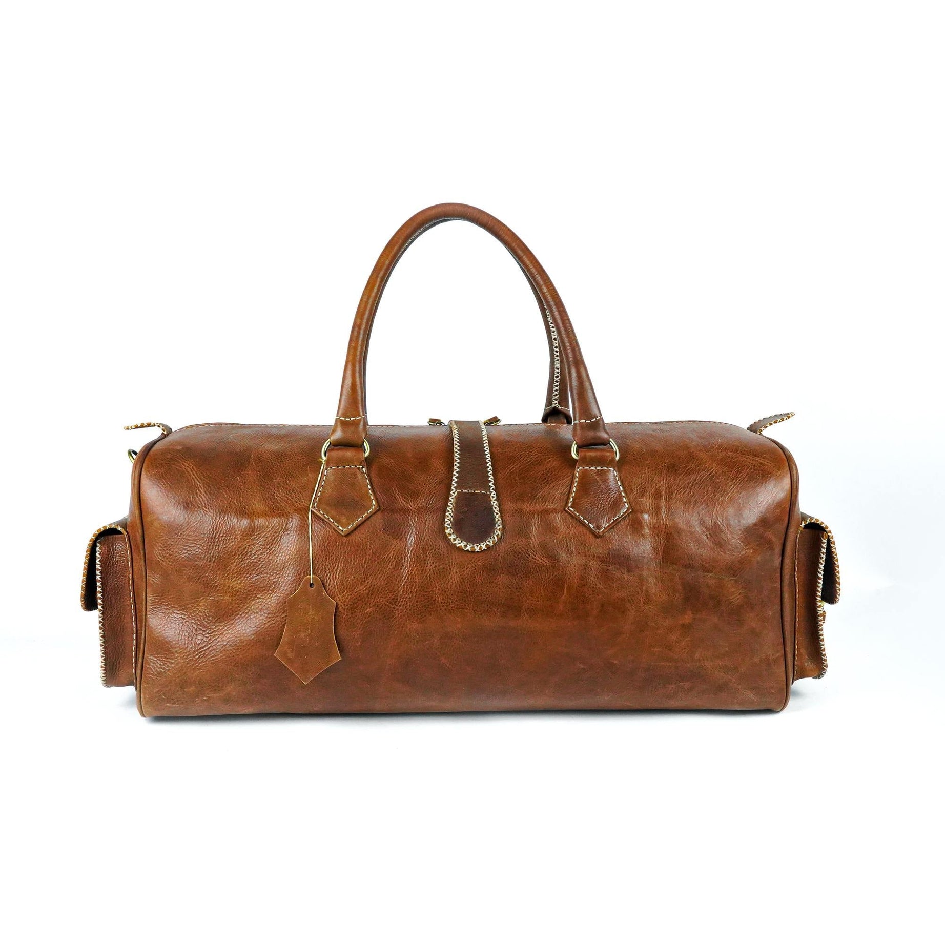 Brown Hand-Stitched Leather Travel Bag Vintage Design