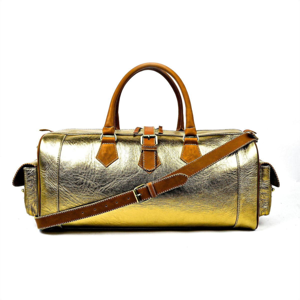 Bumblebee Leather Duffel Bag Front View Hand-Stitched - LuxoraCraft