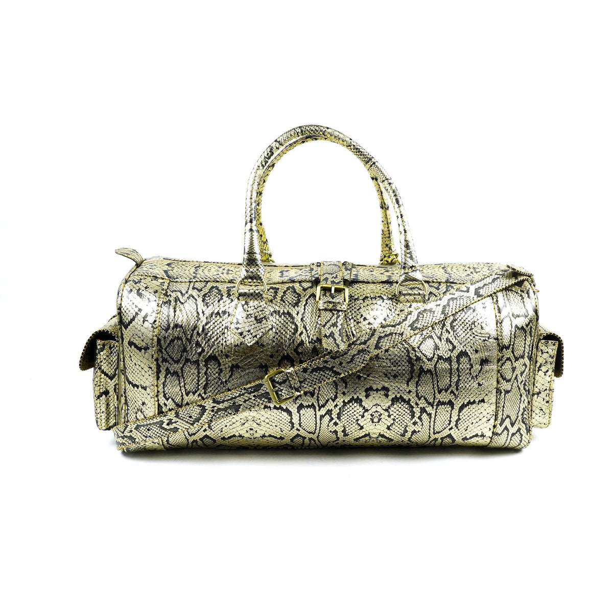 Python Leather Duffel Bag Front View Hand-Stitched Artisan - LuxoraCraft
