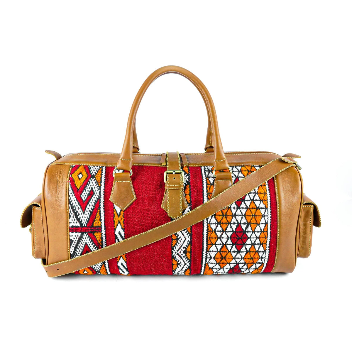 Kilim Leather Duffel Bag Front View Hand-Stitched Artisan - LuxoraCraft