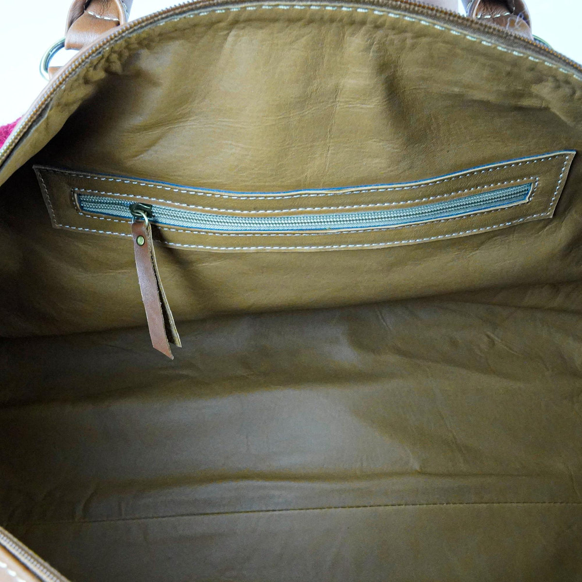 Kilim Leather Travel Bag Side View Vintage Morocco - LuxoraCraft