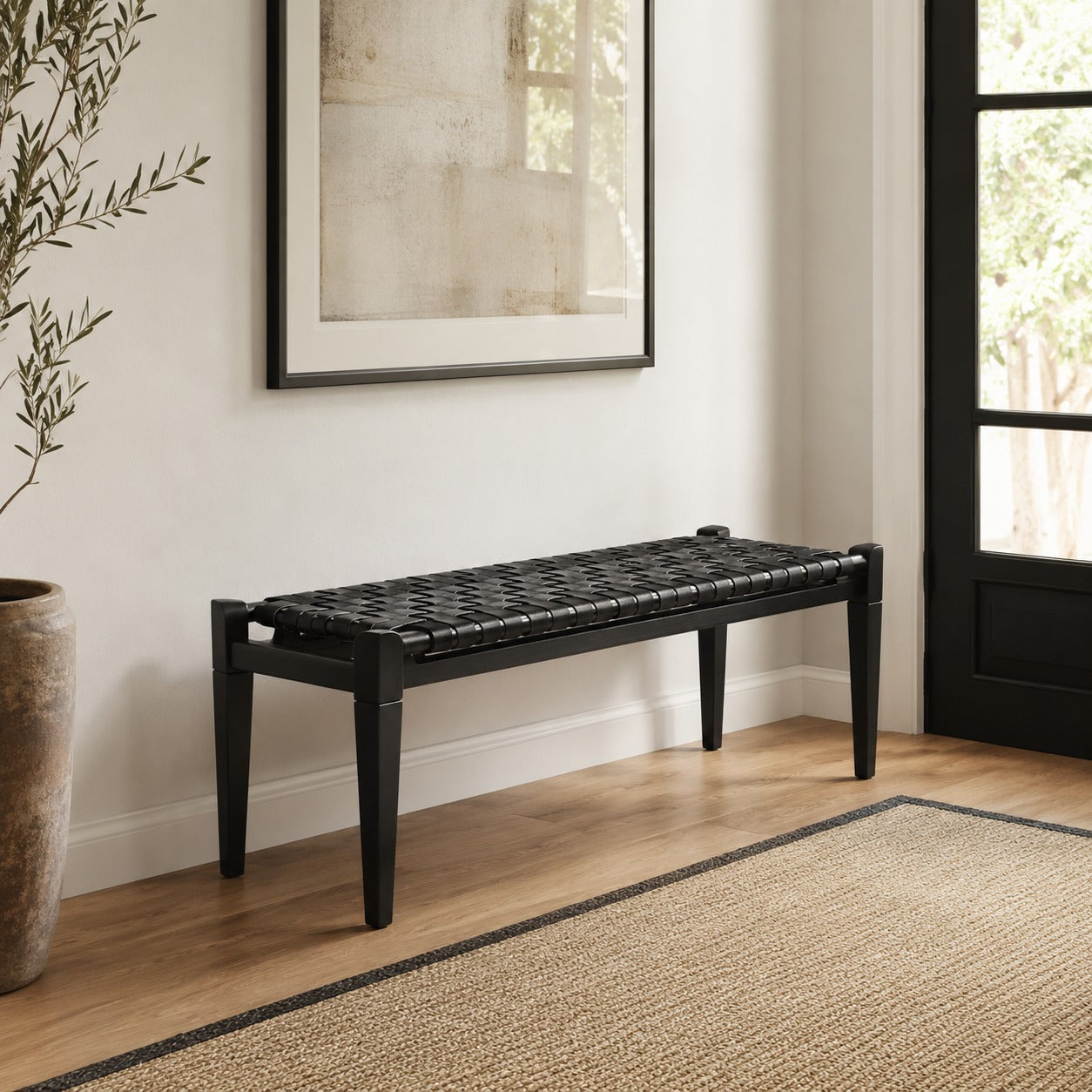 Woven Leather Bench – Black Strap Leather Seat on Black Teak Wood Frame