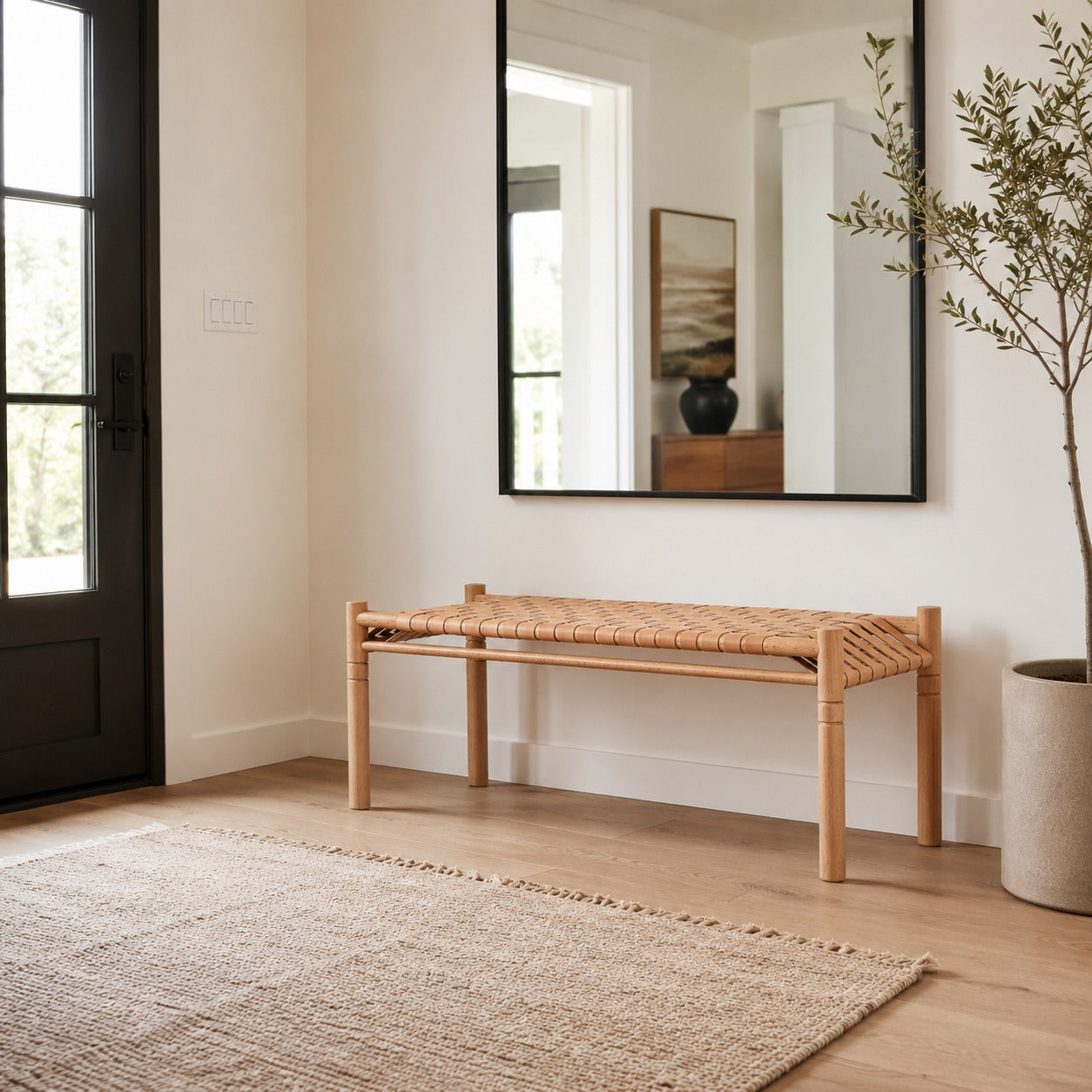 Woven Leather Bench – Beige Strap Leather Seat on Varnished Teak Wood Frame