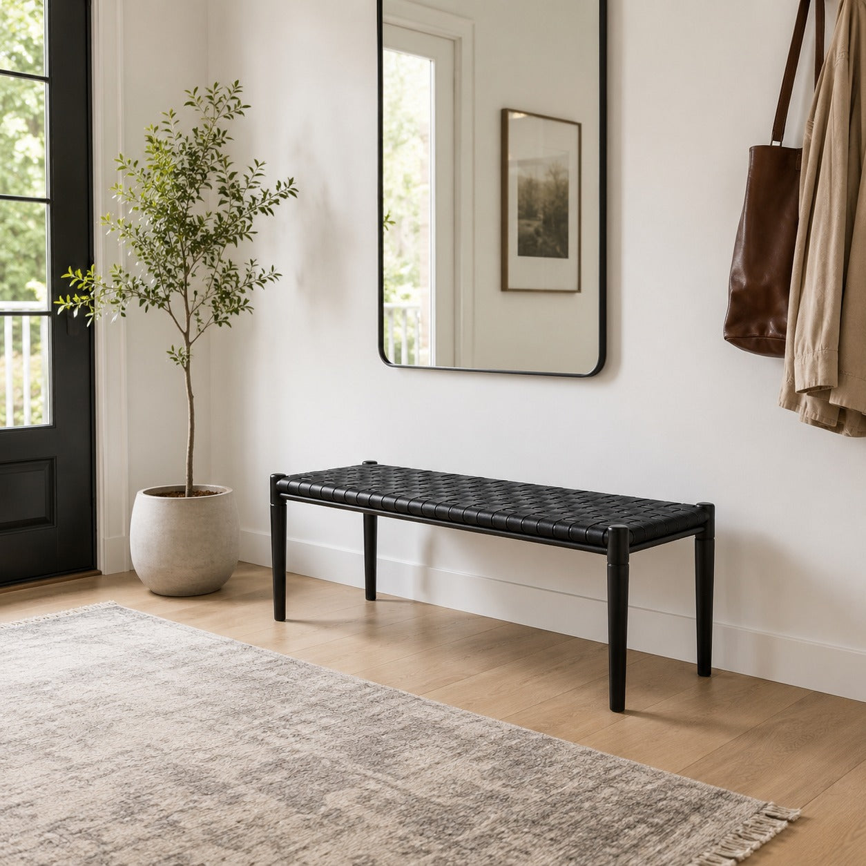 Woven Leather Bench – Black Strap Leather Seat on Black Teak Wood Frame