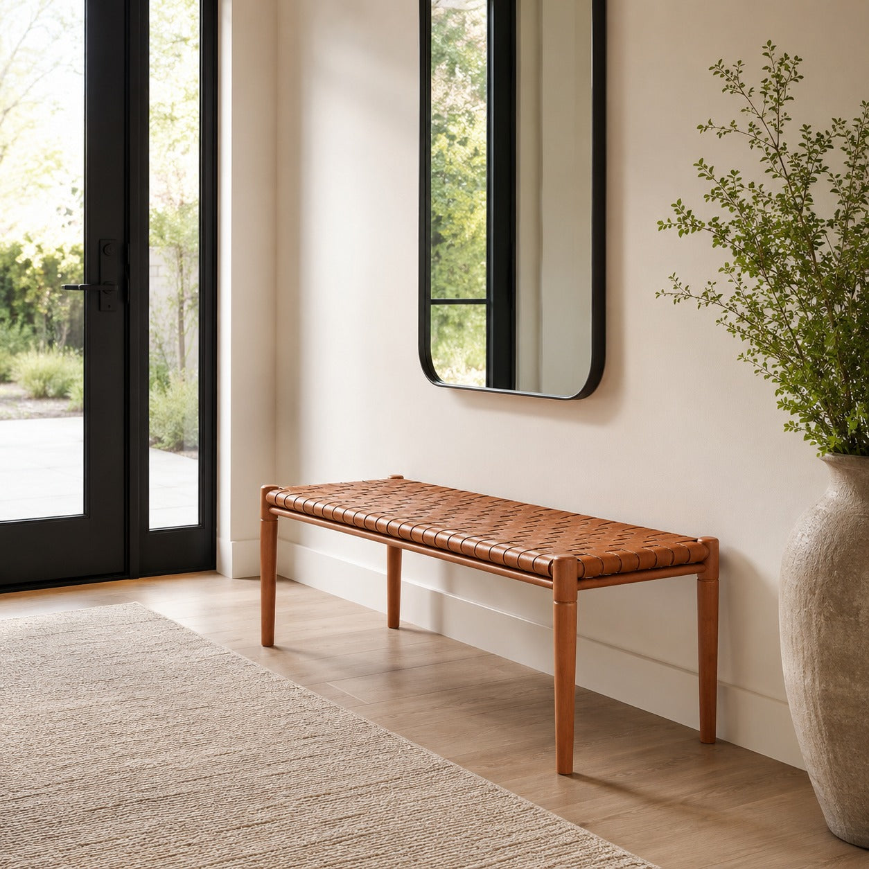 Woven Leather Bench – Brown Cognac Strap Leather Seat on Cognac Teak Wood Frame