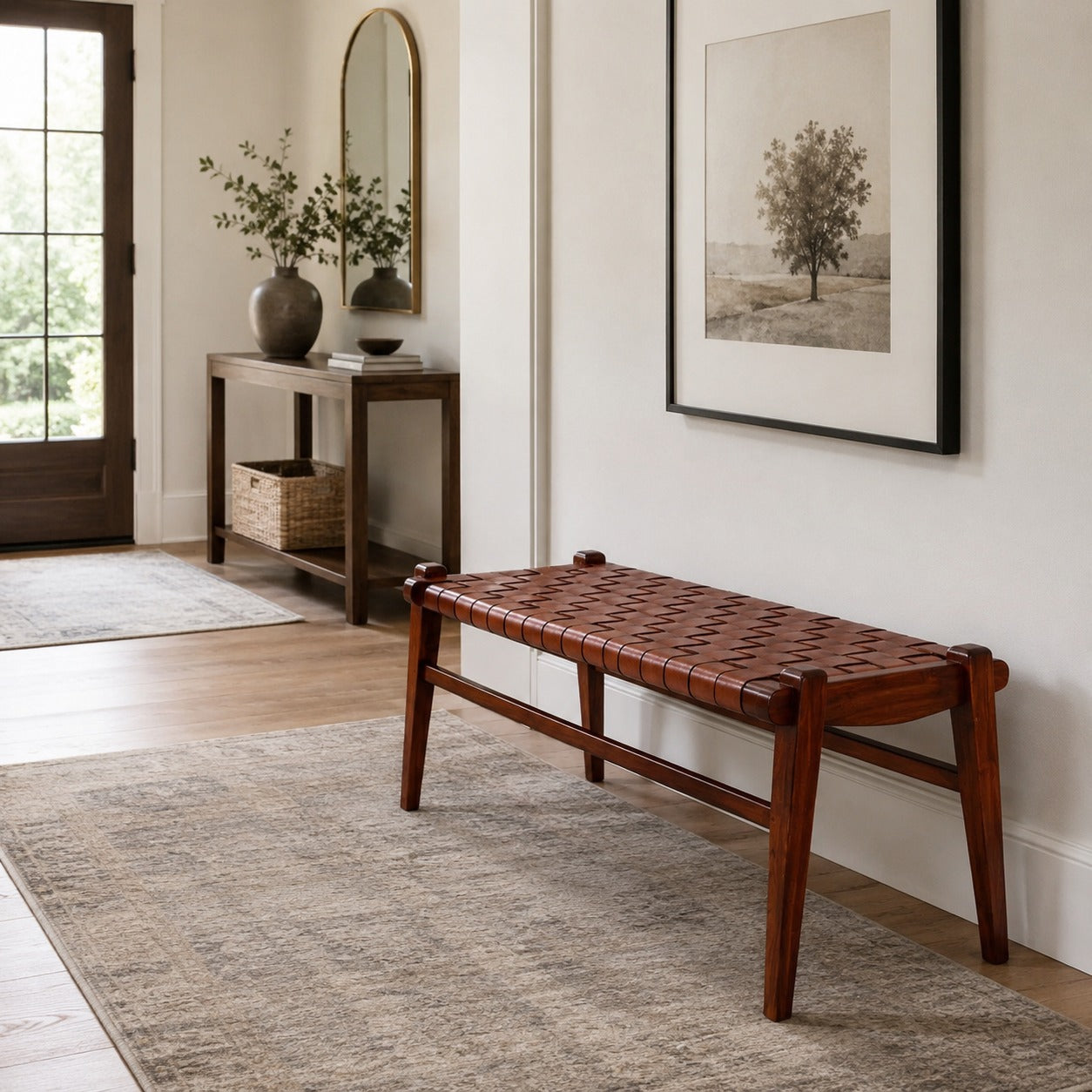 Woven Leather Bench – Saddle Leather Seat