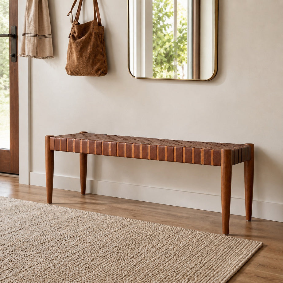 Customizable Woven Leather Bench – Choose Your Wood Finish and Tanned Leather Color