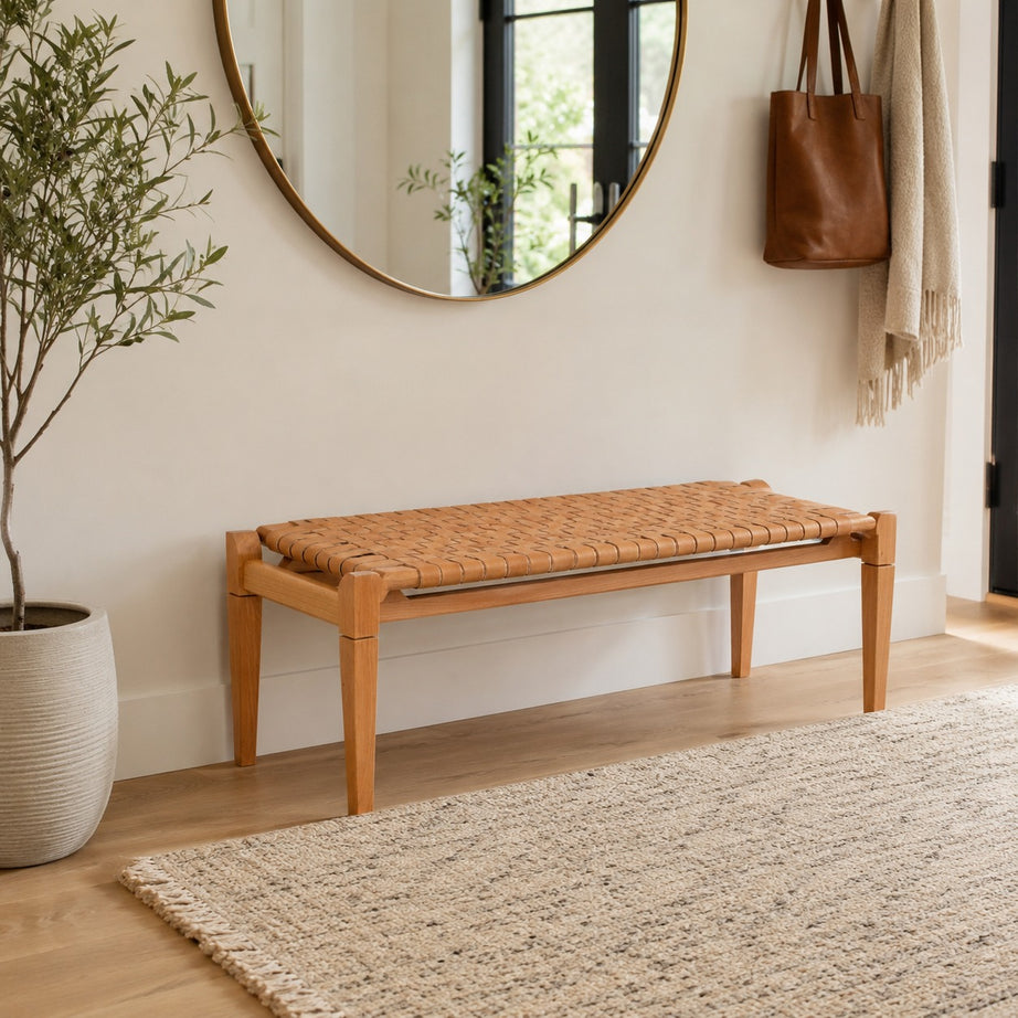 Beige Woven Leather Bench on Varnished Teak Wood Handmade - LuxoraCraft