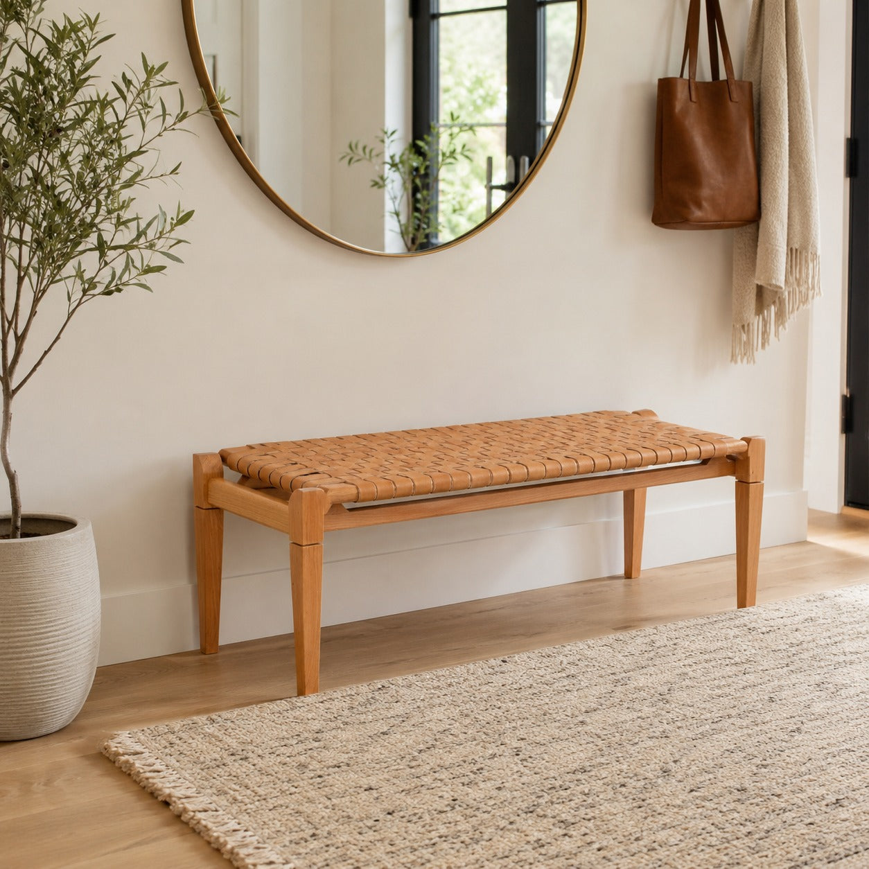 Woven Leather Bench - Varnished Teak Wood With Strap Beige Leather