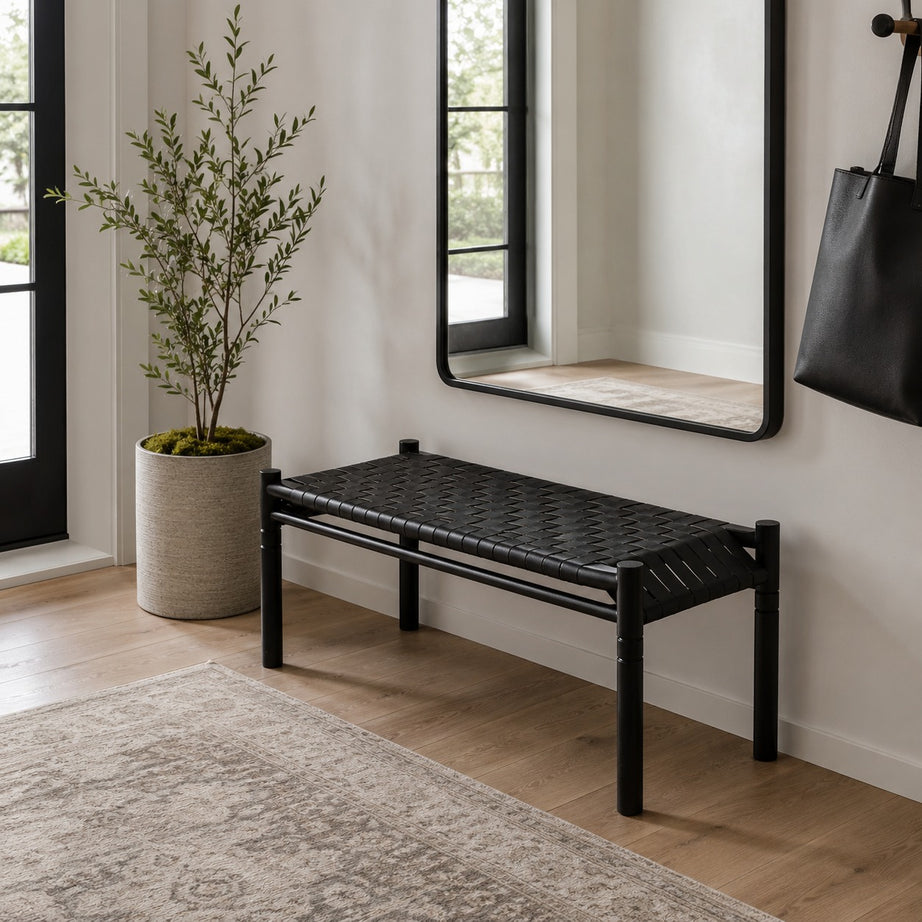 Black Woven Leather Bench on Black Teak Wood Handmade - LuxoraCraft