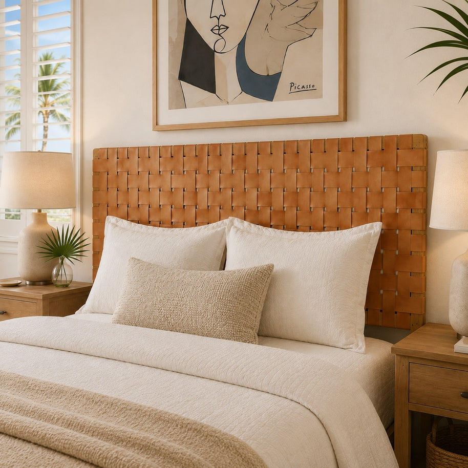 Woven Leather Headboard – Handcrafted Minimalist Nordic Bedroom Accent LuxoraCraft
