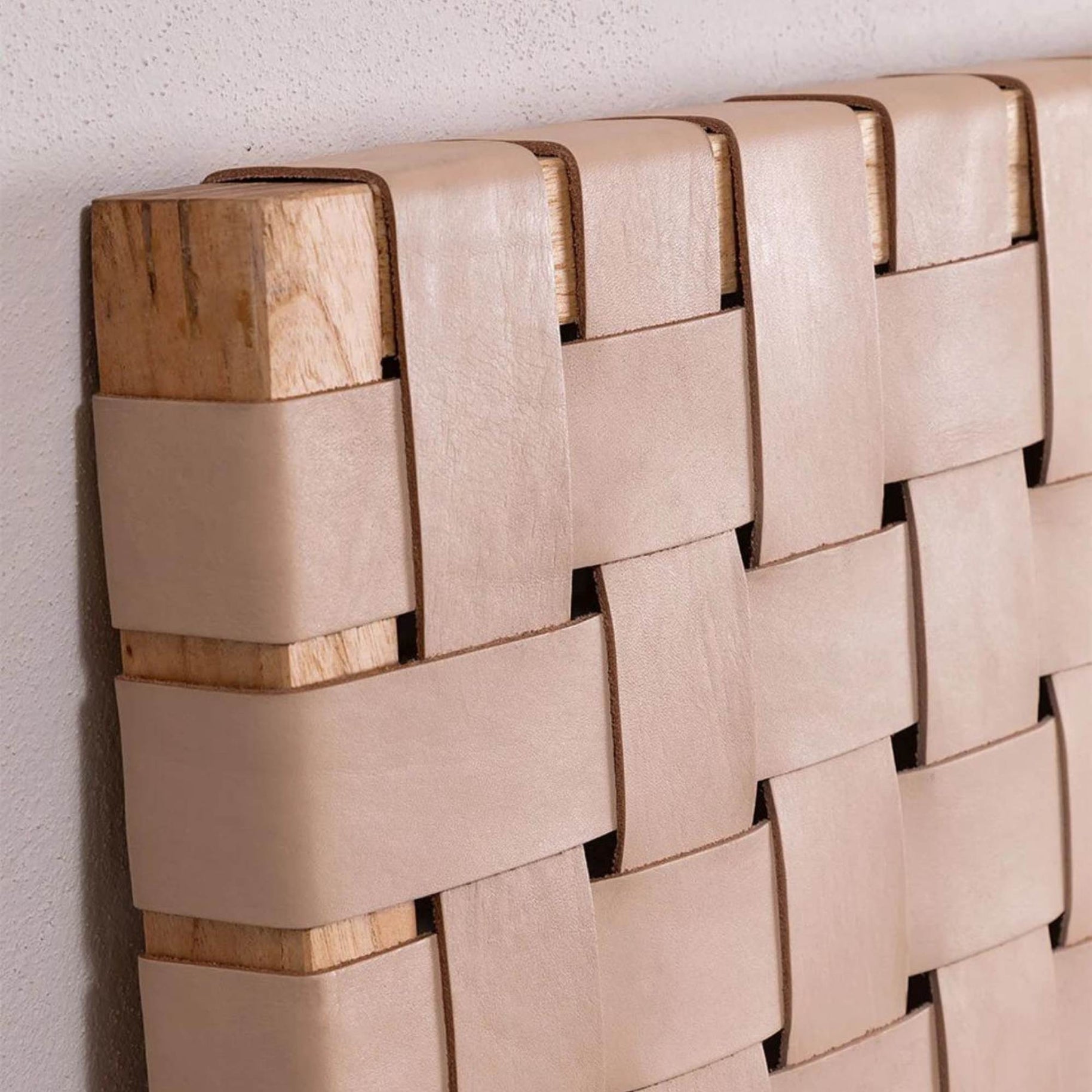 Handwoven Leather Strap Solid Teak Headboard Close Up - LuxoraCraft