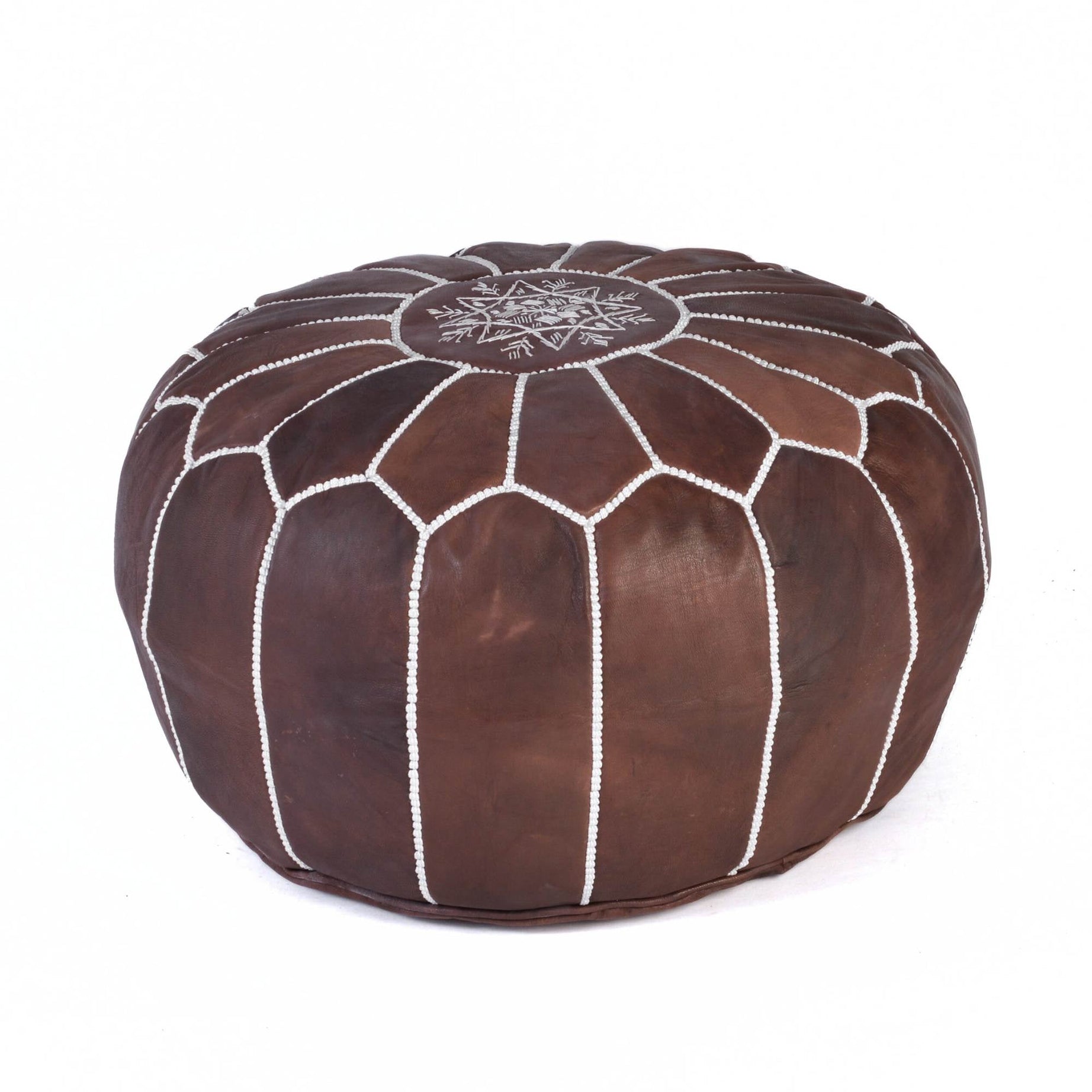 Brown Hand-Stitched Genuine Leather Ottoman Pouf with Embroidery