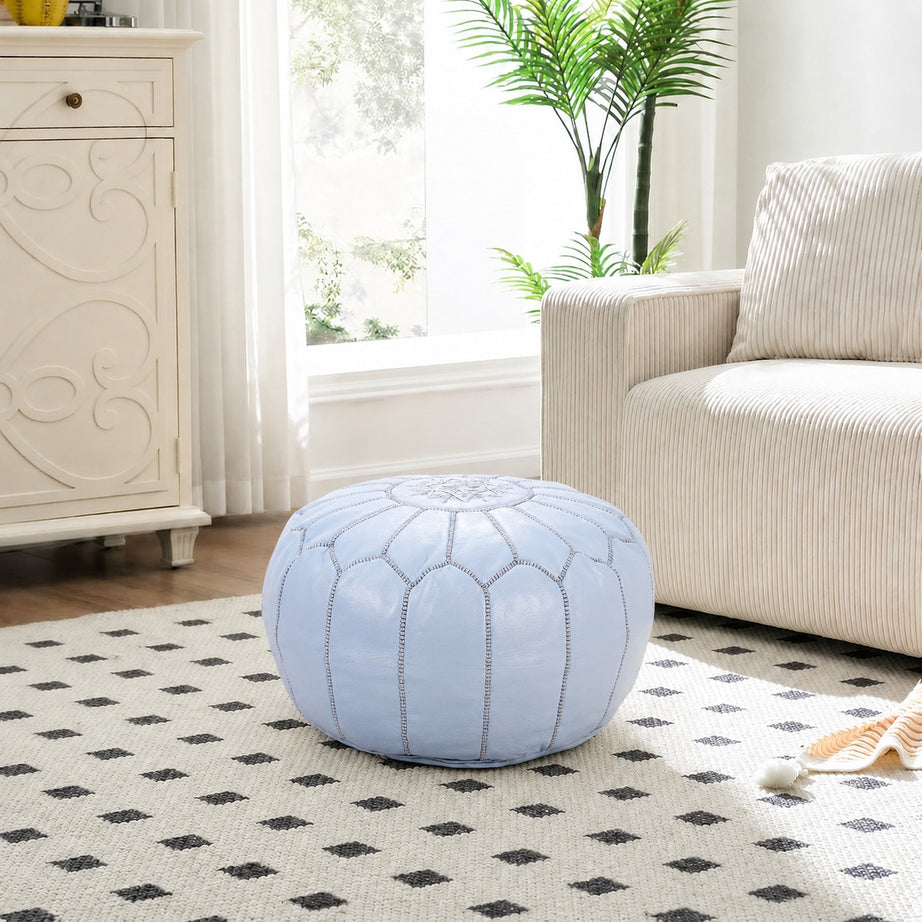 Gray Round Moroccan Leather Ottoman Pouf Handmade Embroidered - LuxoraCraft