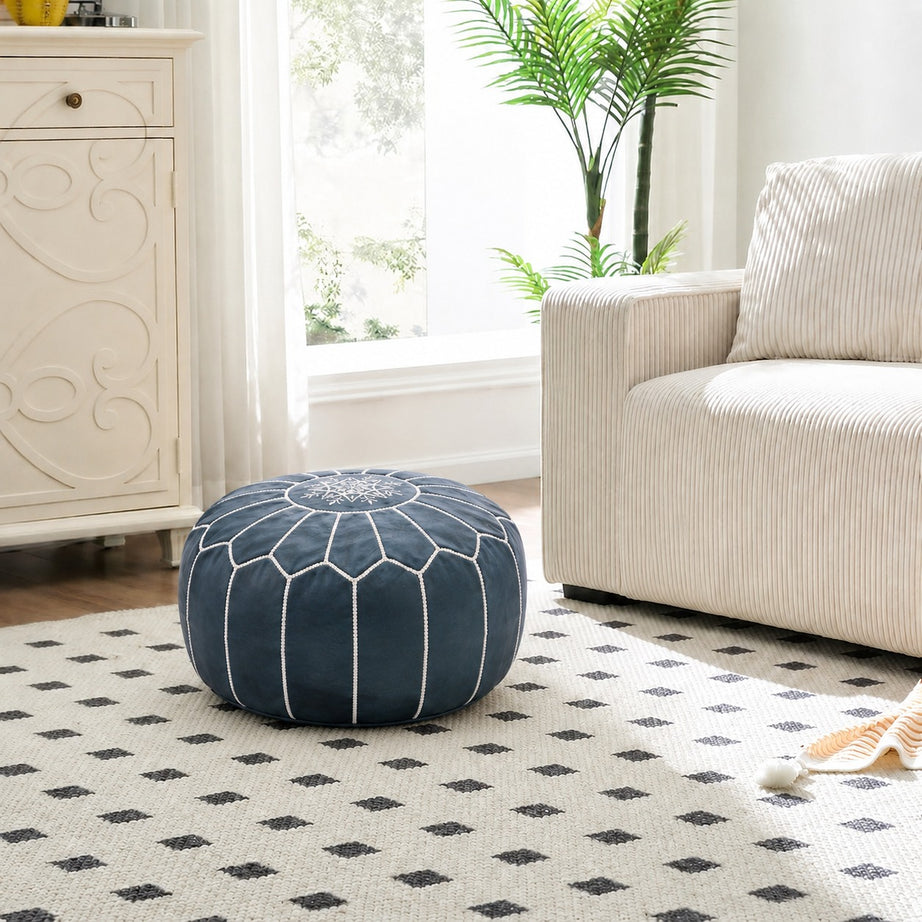 Dark Blue Round Moroccan Leather Ottoman Pouf Handmade Embroidered - LuxoraCraft