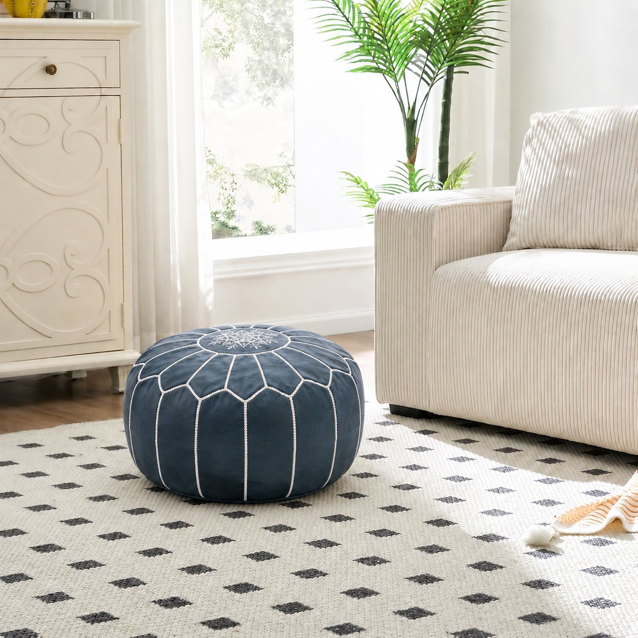 Dark Blue Round Moroccan Leather Ottoman Pouf Handmade Embroidered - LuxoraCraft