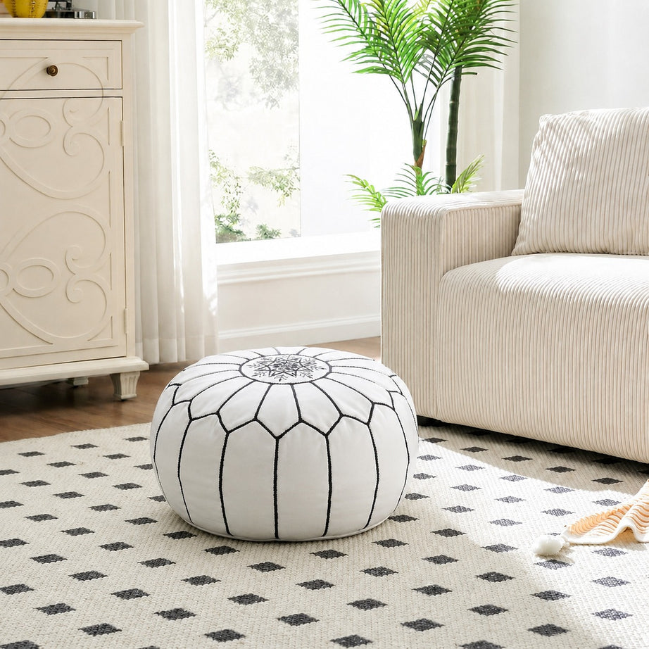 White Black Round Moroccan Leather Ottoman Pouf Handmade Embroidered - LuxoraCraft