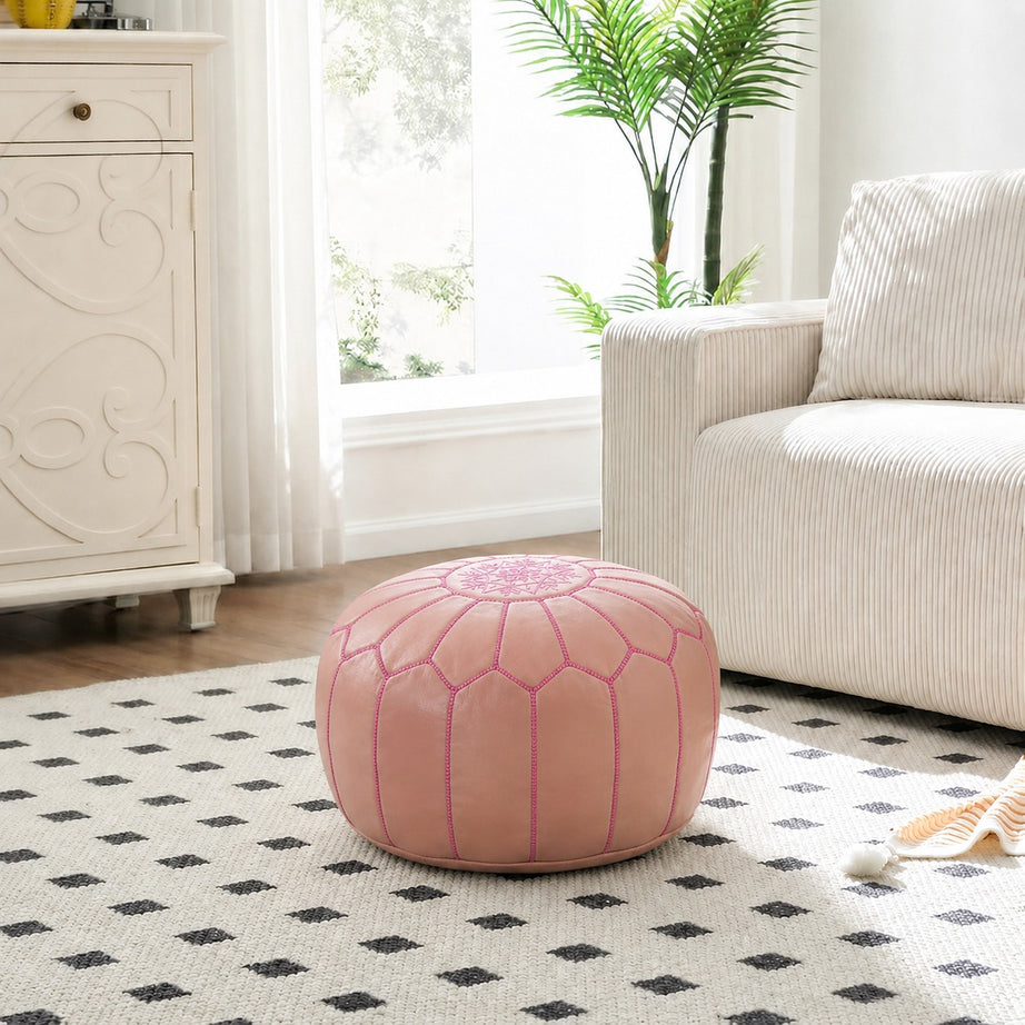 Pink Round Moroccan Leather Ottoman Pouf Handmade Embroidered - LuxoraCraft