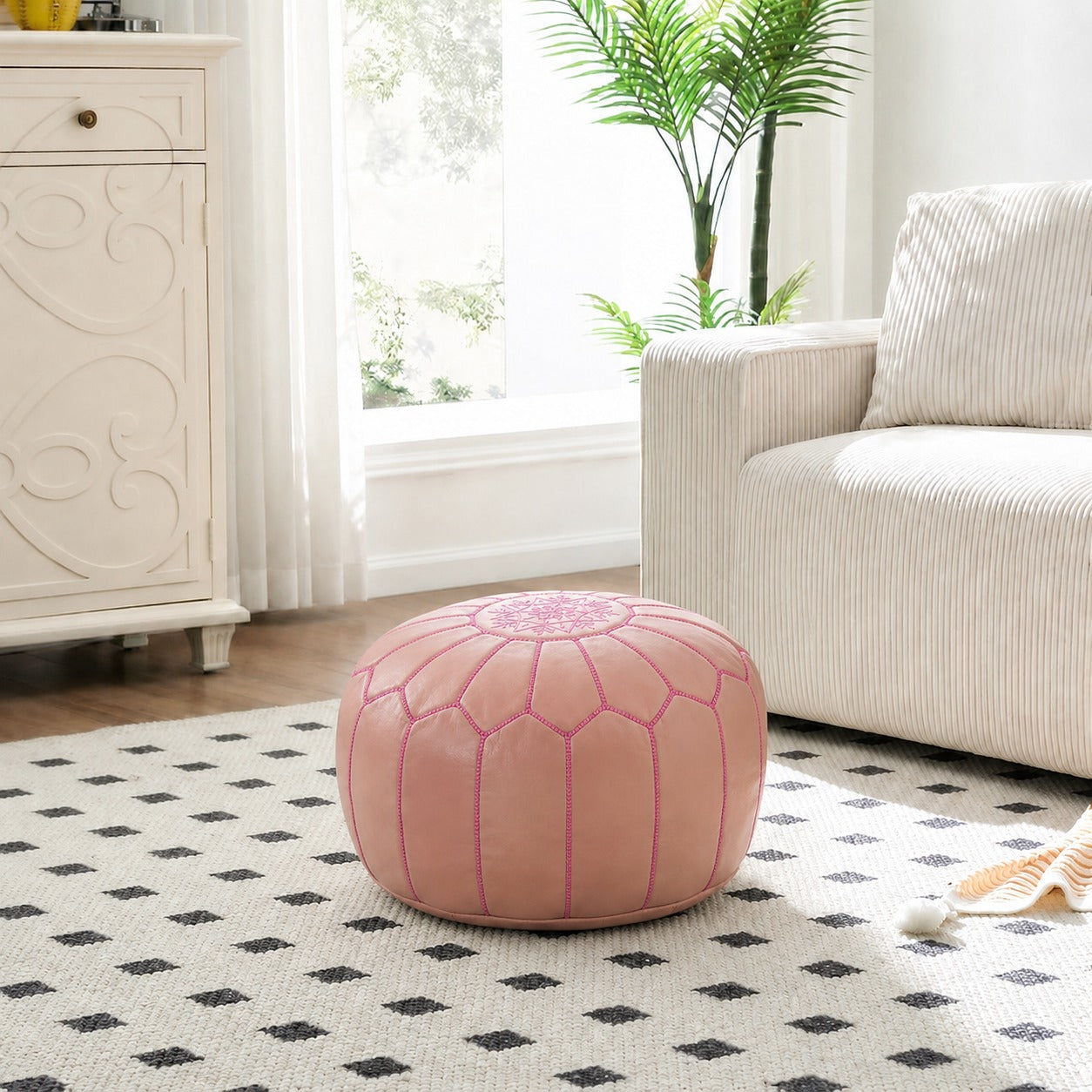 Pink Round Moroccan Leather Ottoman Pouf Handmade Embroidered - LuxoraCraft