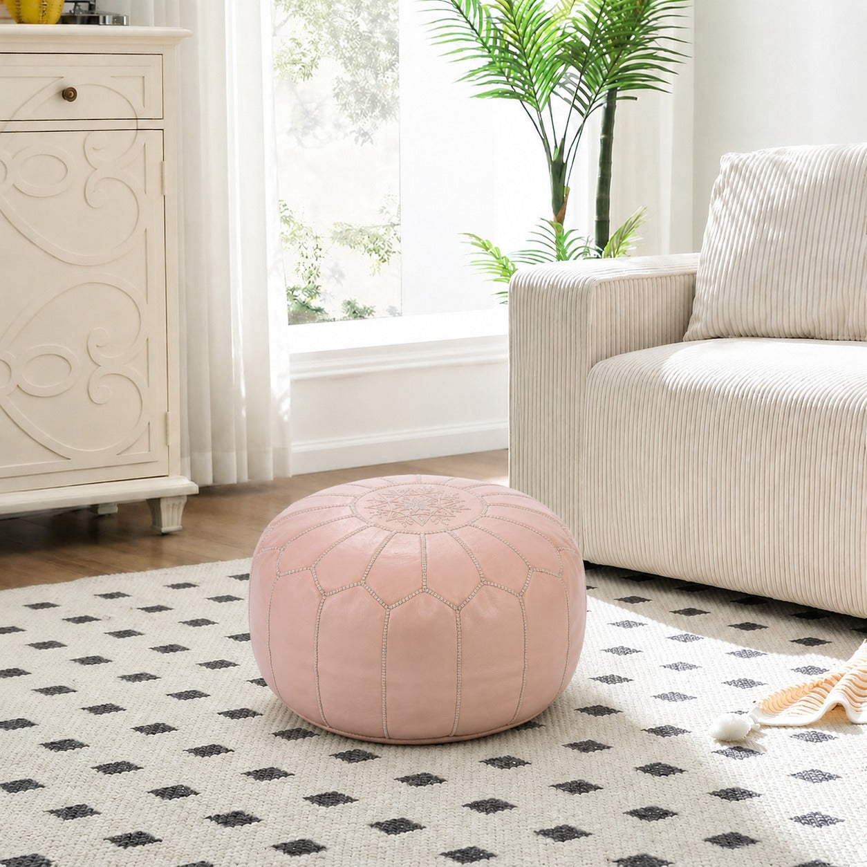 Light Pink Round Moroccan Leather Ottoman Pouf Handmade Embroidered - LuxoraCraft