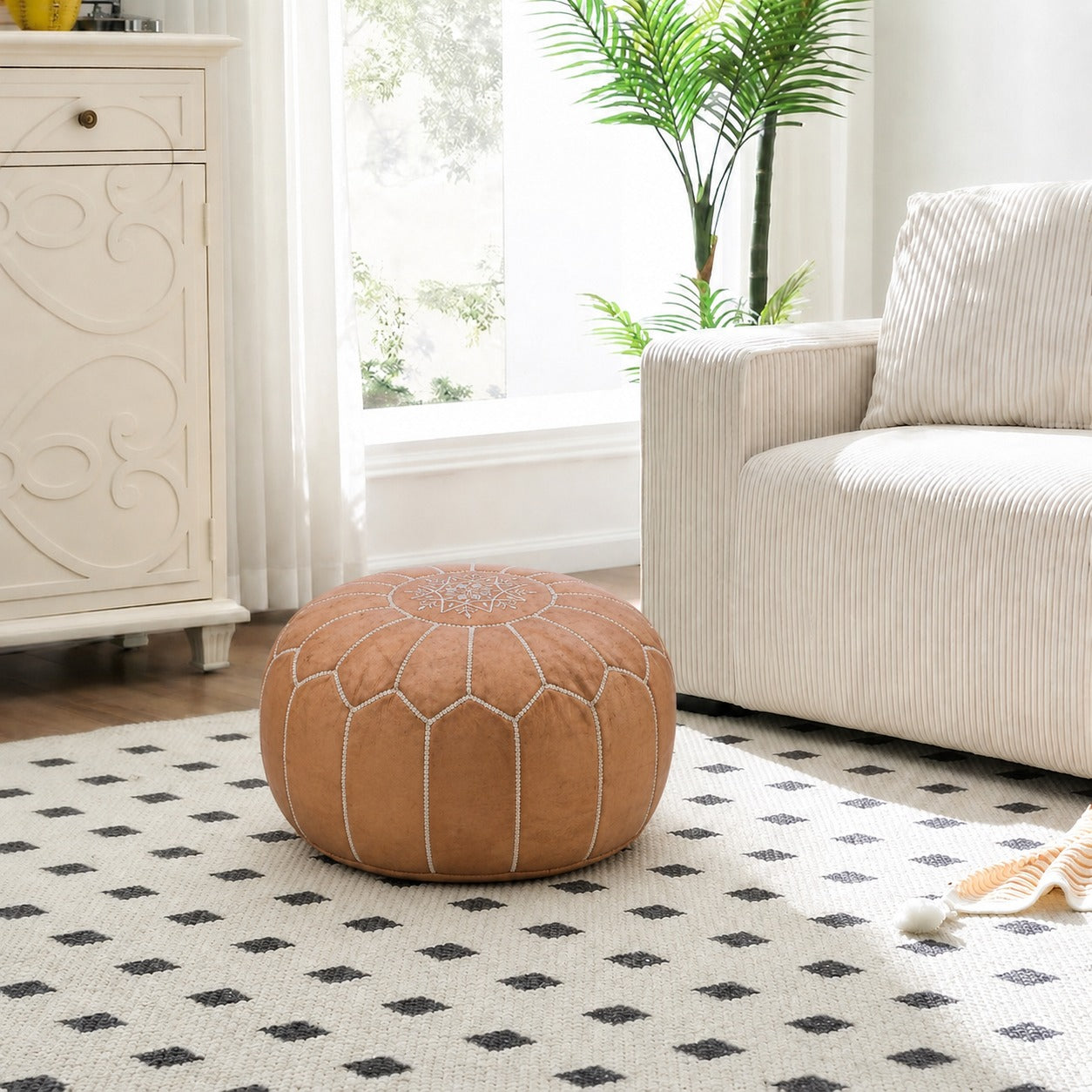 Tan Brown Round Moroccan Leather Ottoman Pouf Handmade Embroidered - LuxoraCraft