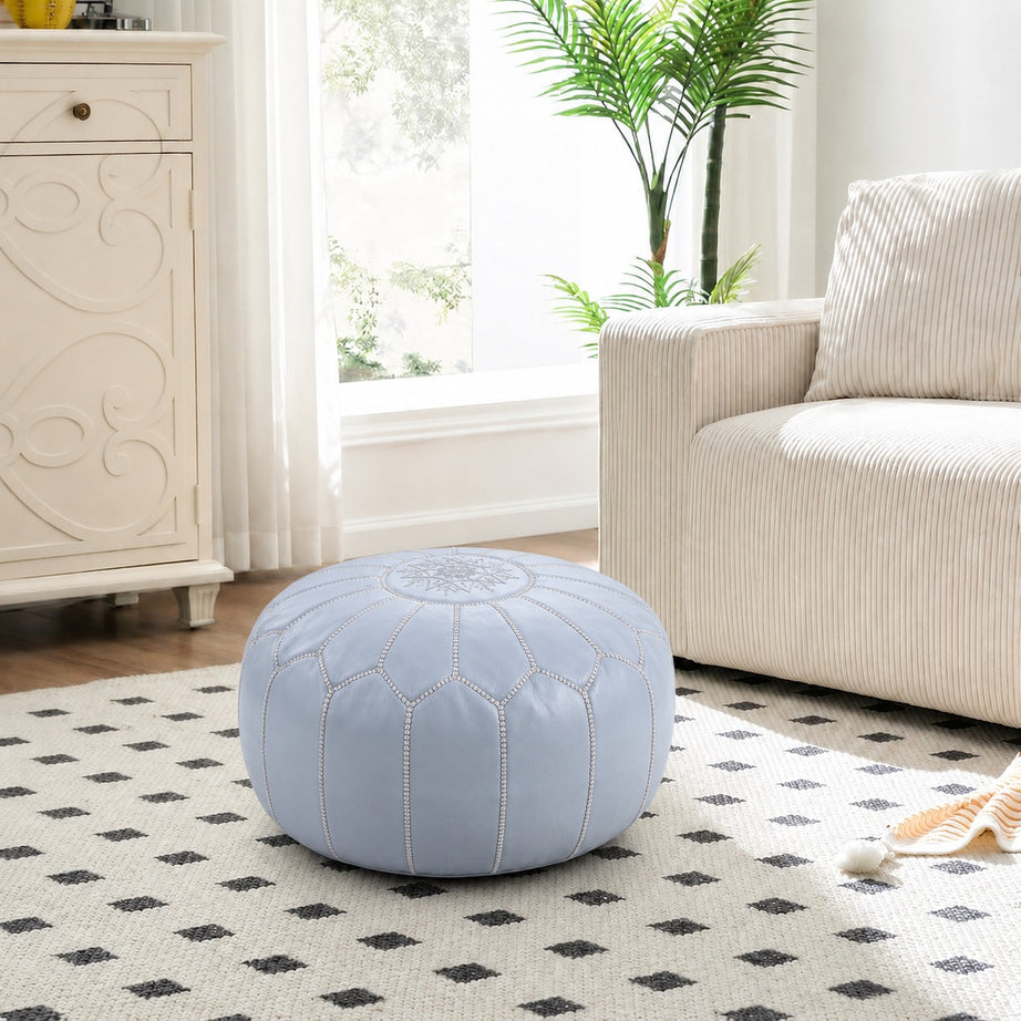 Light Gray Round Moroccan Leather Ottoman Pouf Handmade Embroidered - LuxoraCraft