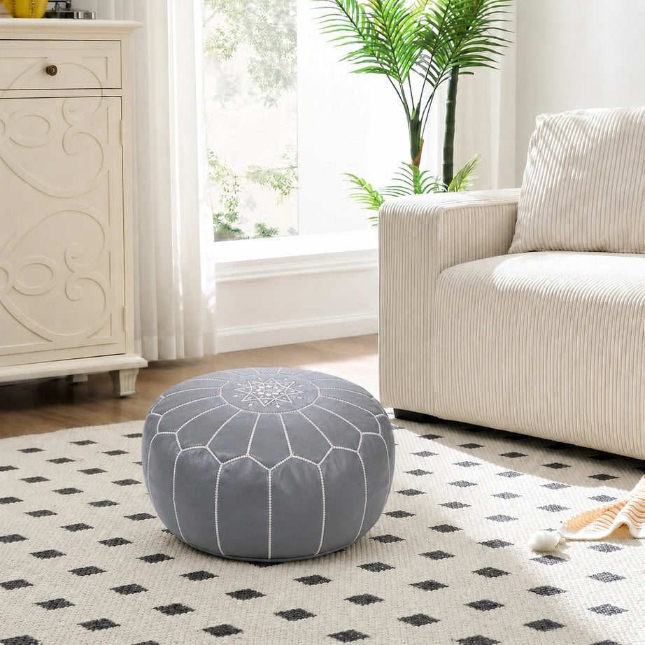 Gray White Round Moroccan Leather Ottoman Pouf Handmade Embroidered - LuxoraCraft