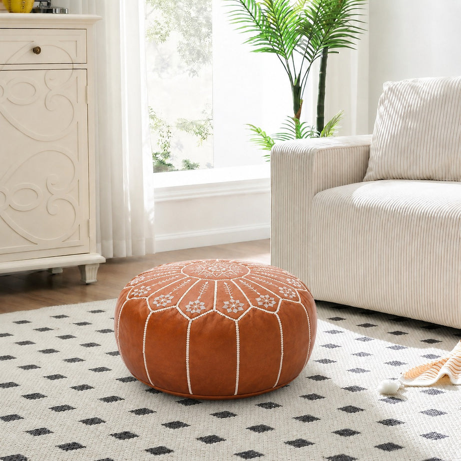 Cognac Round Moroccan Leather Ottoman Pouf Handmade Embroidered - LuxoraCraft