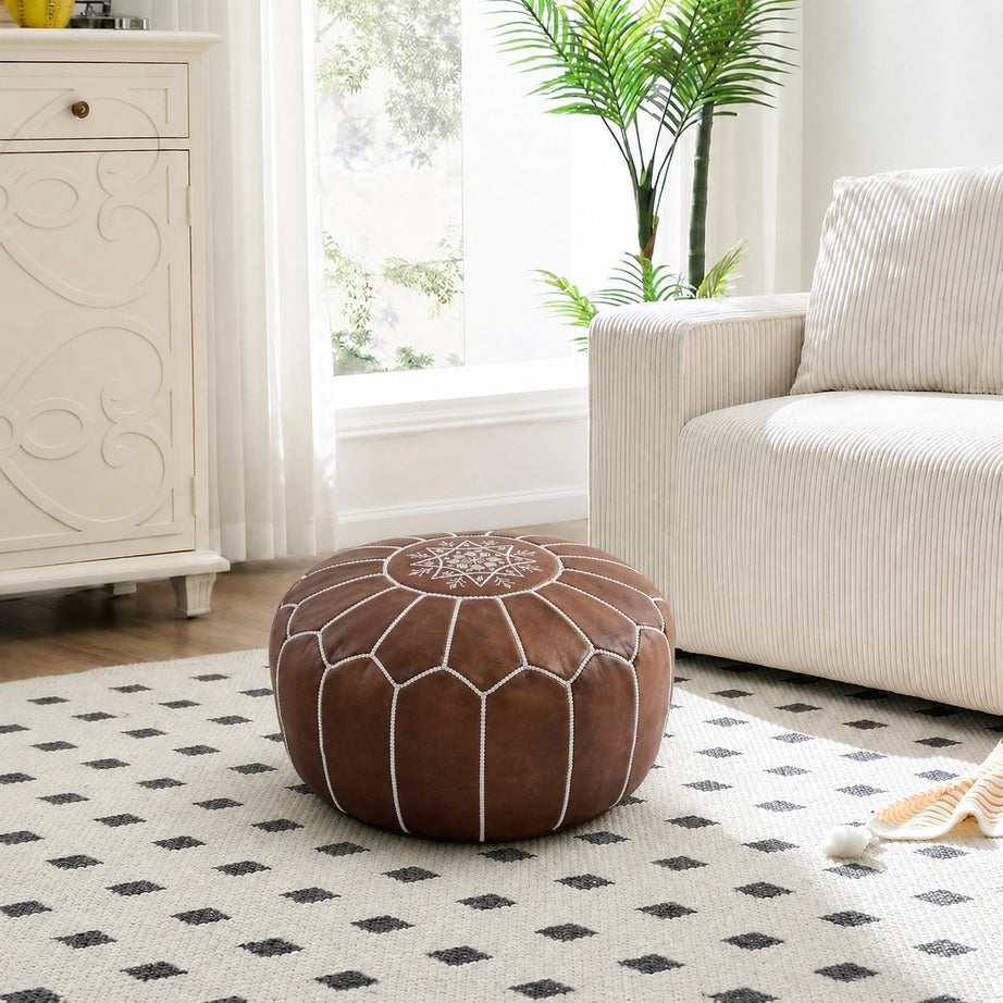 Brown Round Moroccan Leather Ottoman Pouf Handmade Embroidered - LuxoraCraft