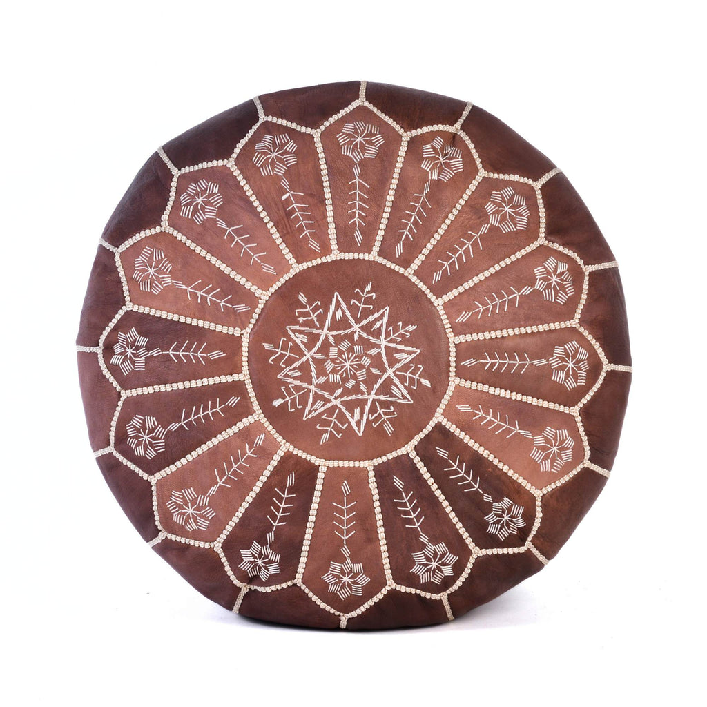 Brown Leather Pouf Authentic Moroccan Handmade Ottoman Footstool - LuxoraCraft