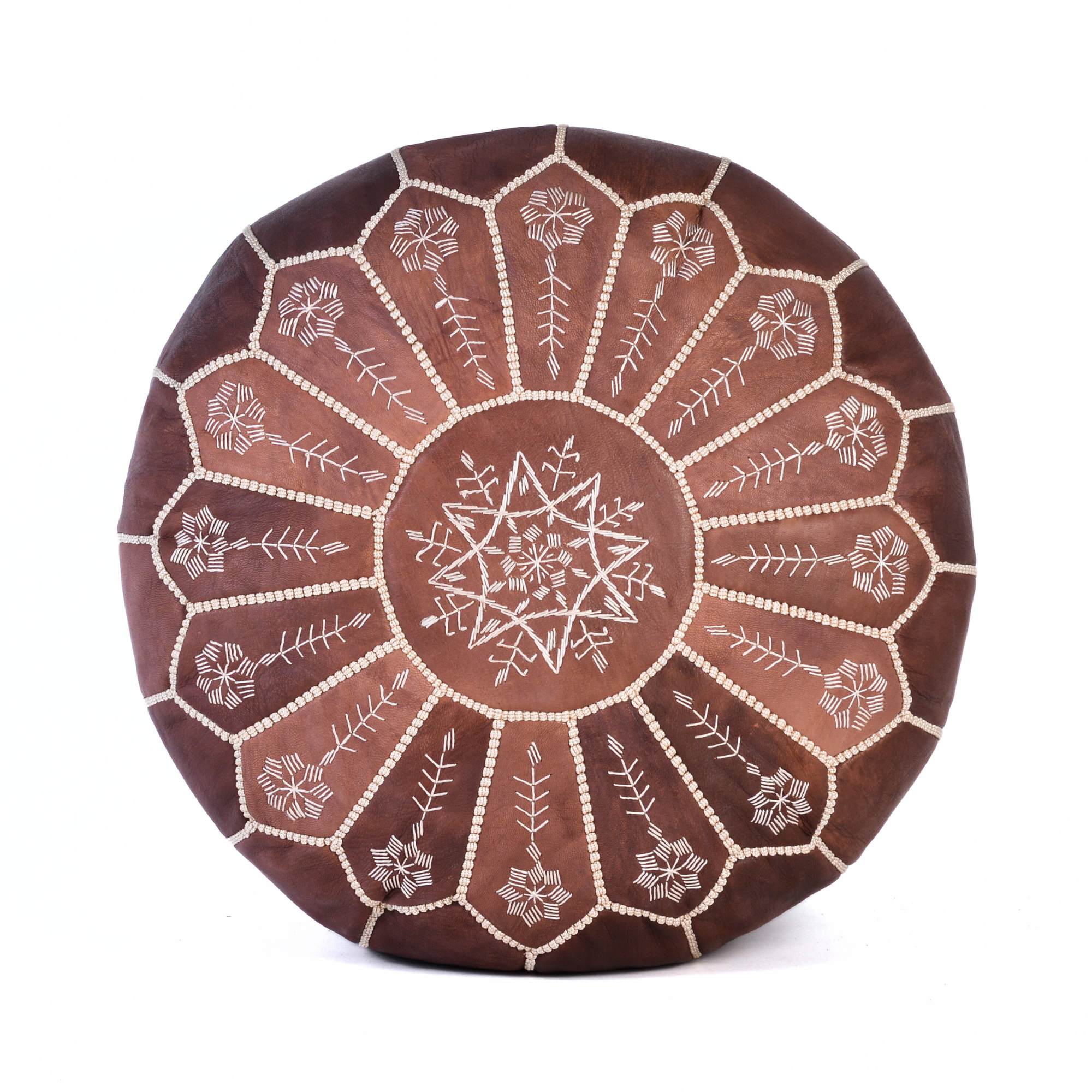 Brown Hand-Stitched Genuine Leather Ottoman Pouf with New Embroidery Design